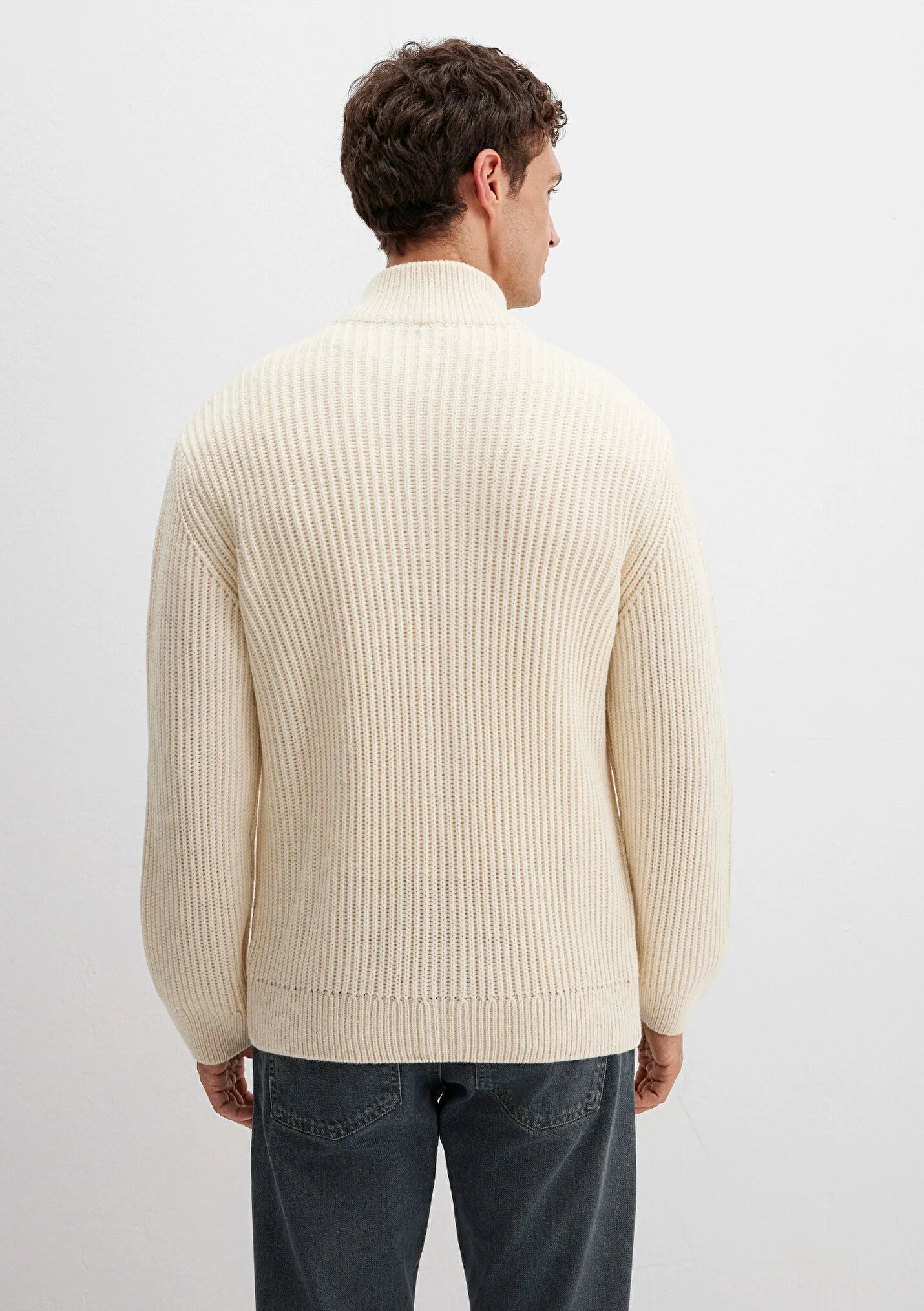 Erkek Yün Karışımlı Fermuarlı Ekru Hırka