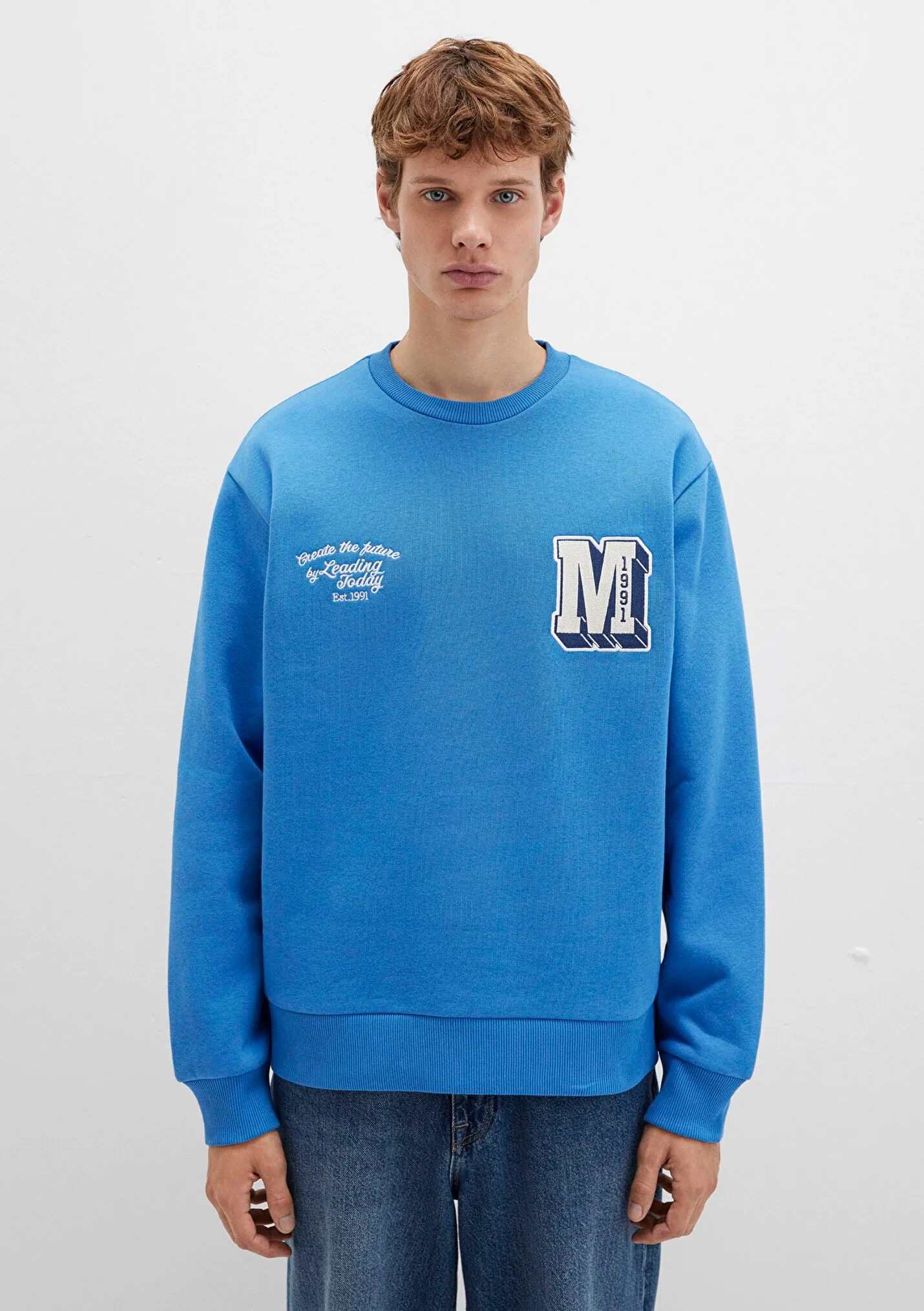 Erkek M Logo Nakış Detaylı Mavi Sweatshirt