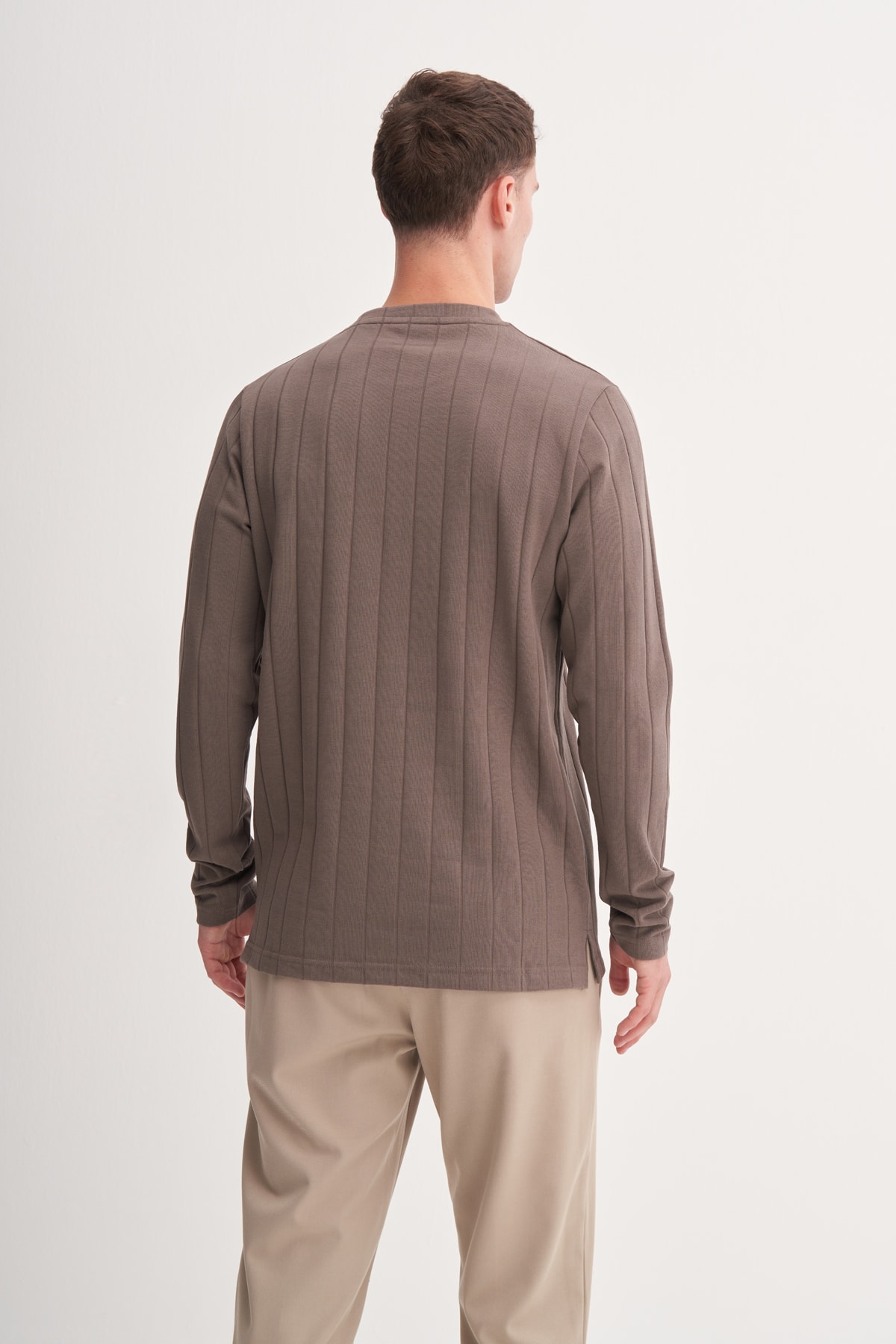 Bisiklet Yaka Jakarlı Interlok Erkek Vizon Sweatshirt CAZ 53950