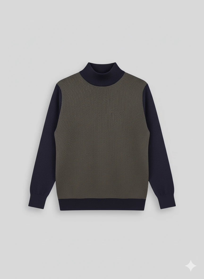 Erkek Lacivert Yarım Balıkçı Desenli Kazak