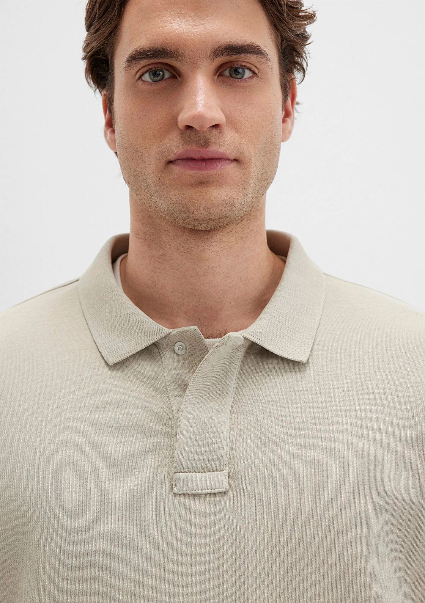 Bej Polo Yaka Erkek Sweatshirt