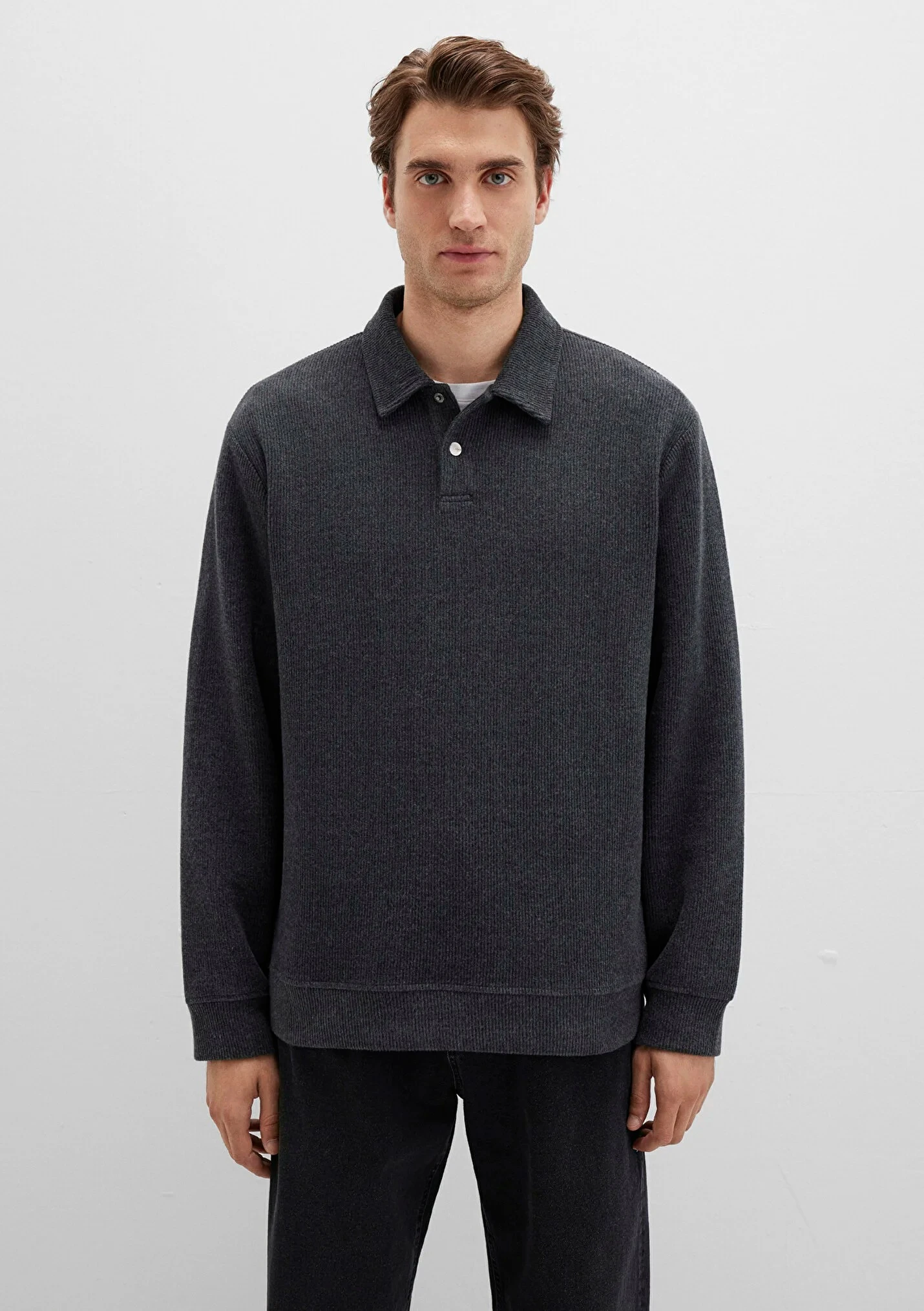 Erkek Antrasit Yarım Düğmeli Polo Yaka Sweatshirt