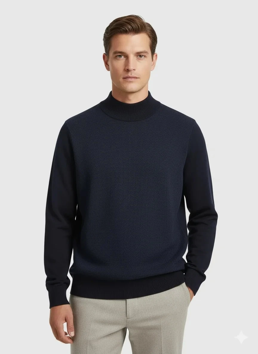 Erkek Lacivert Yarım Balıkçı Desenli Kazak