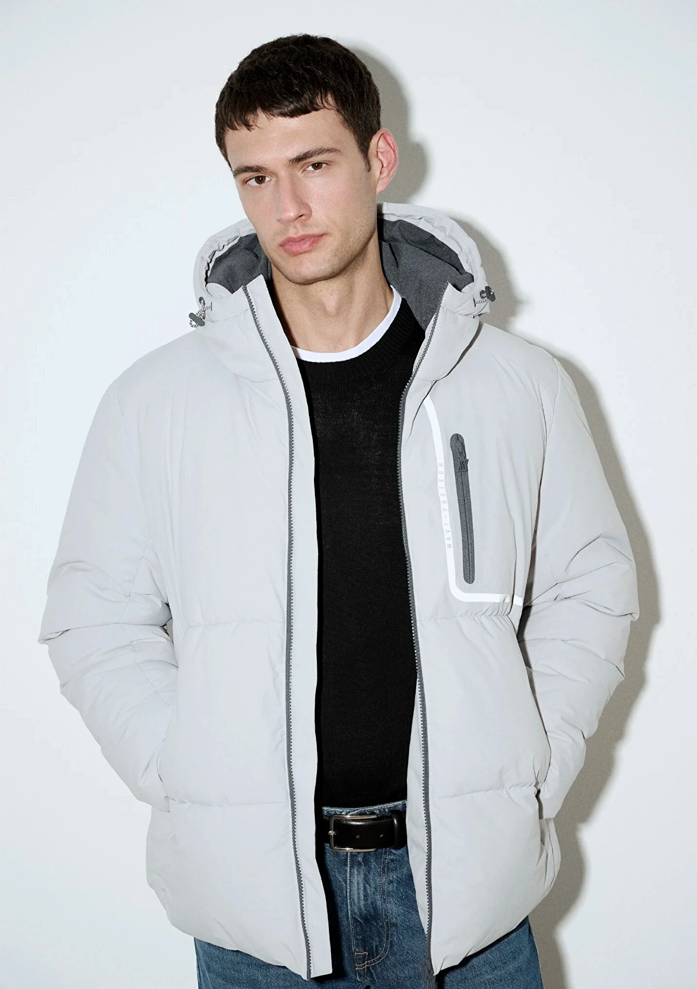 Kapüşonlu Su İtici Şişme Gri Erkek Mont