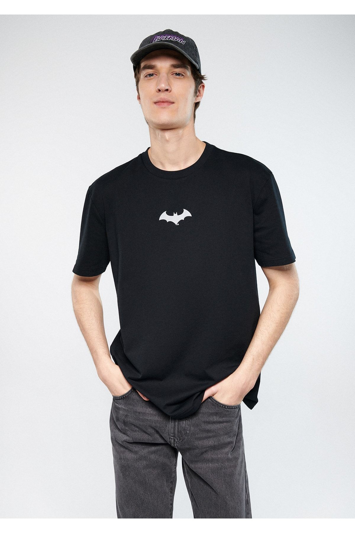 Mavi BATMAN Reflektör Baskılı Erkek Siyah Tişört