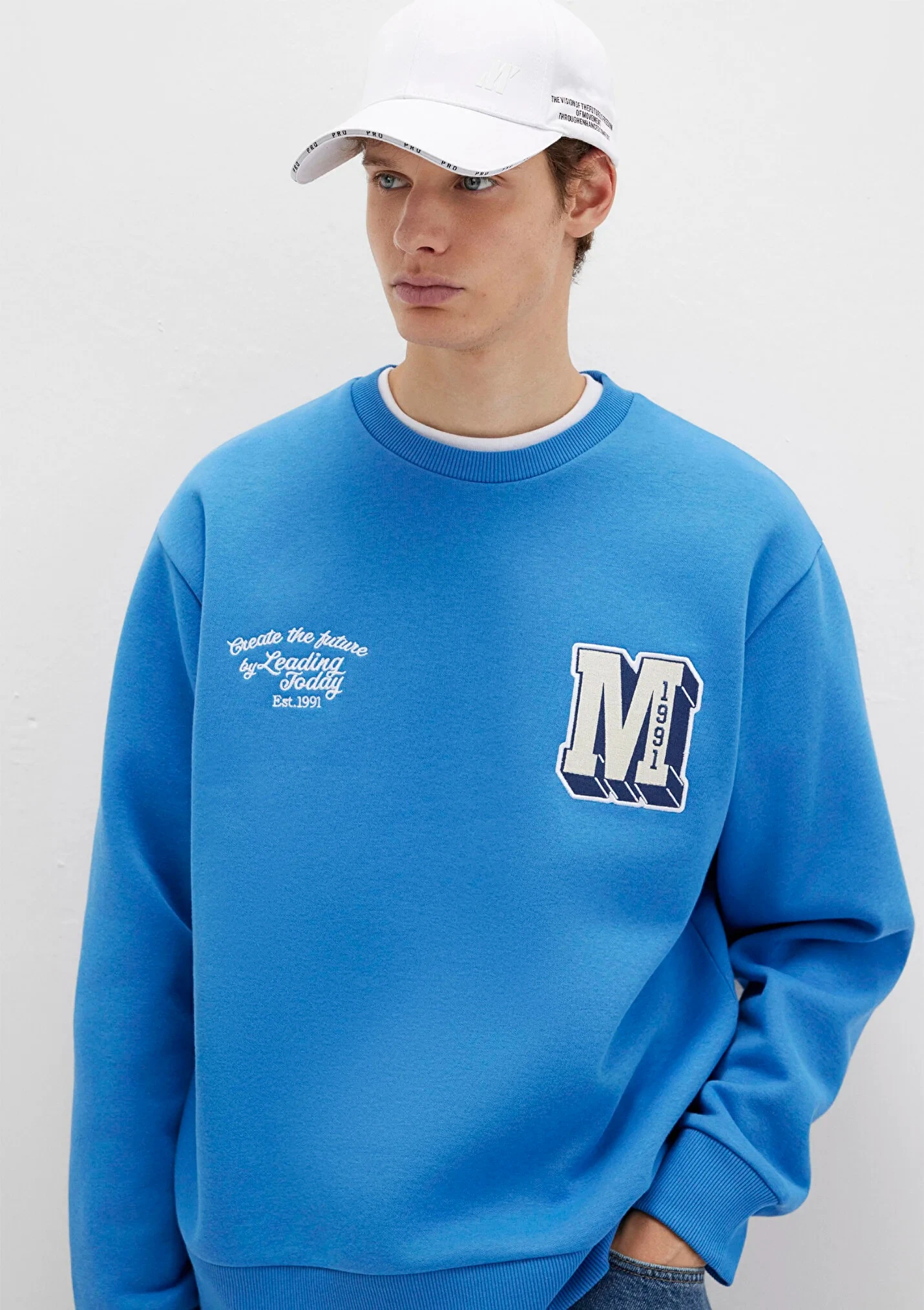 Erkek M Logo Nakış Detaylı Mavi Sweatshirt