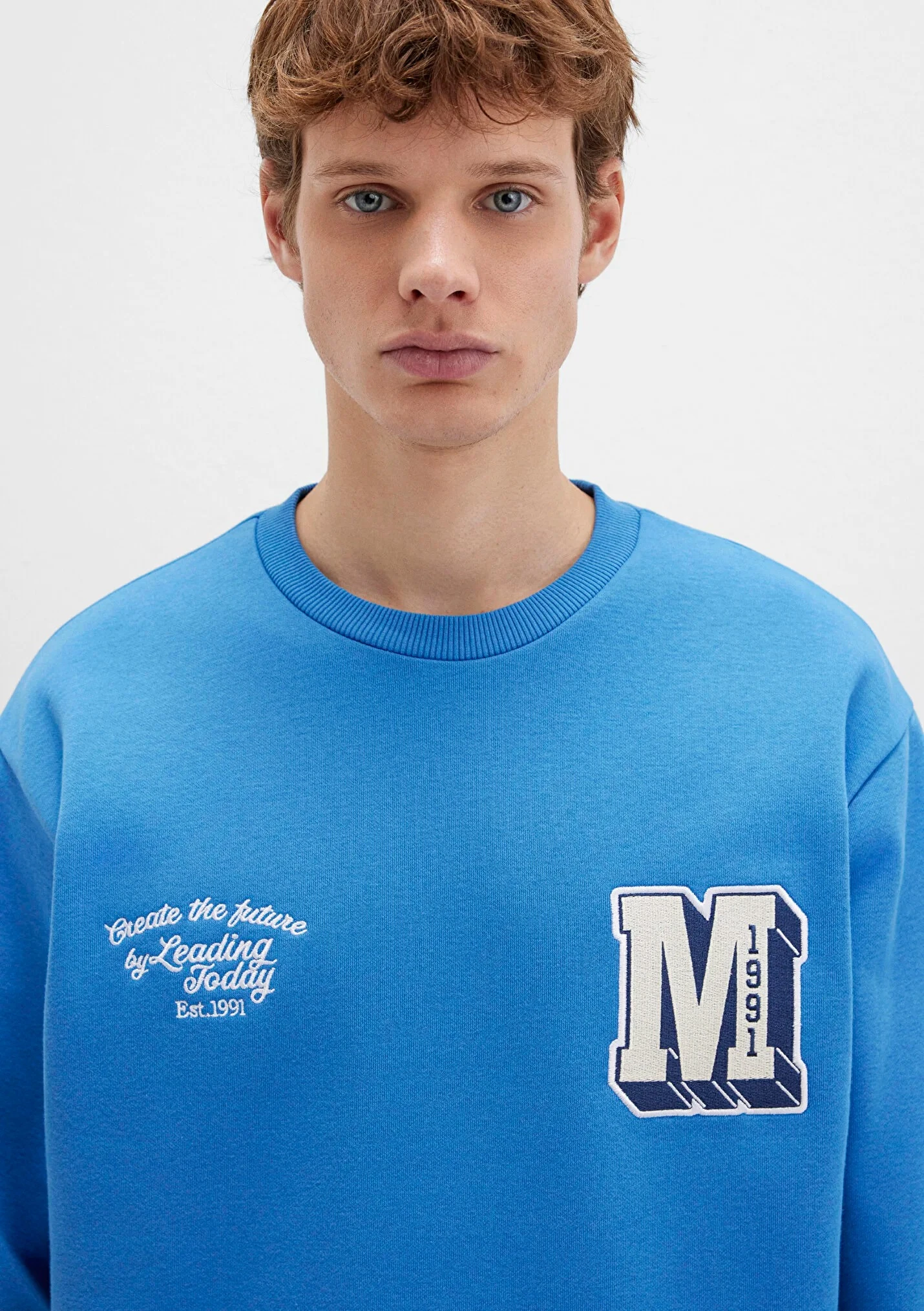 Erkek M Logo Nakış Detaylı Mavi Sweatshirt