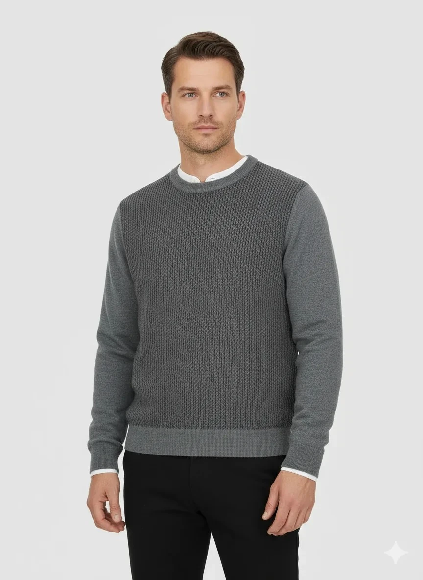 Erkek Gri Bisiklet Yaka Desenli Kazak