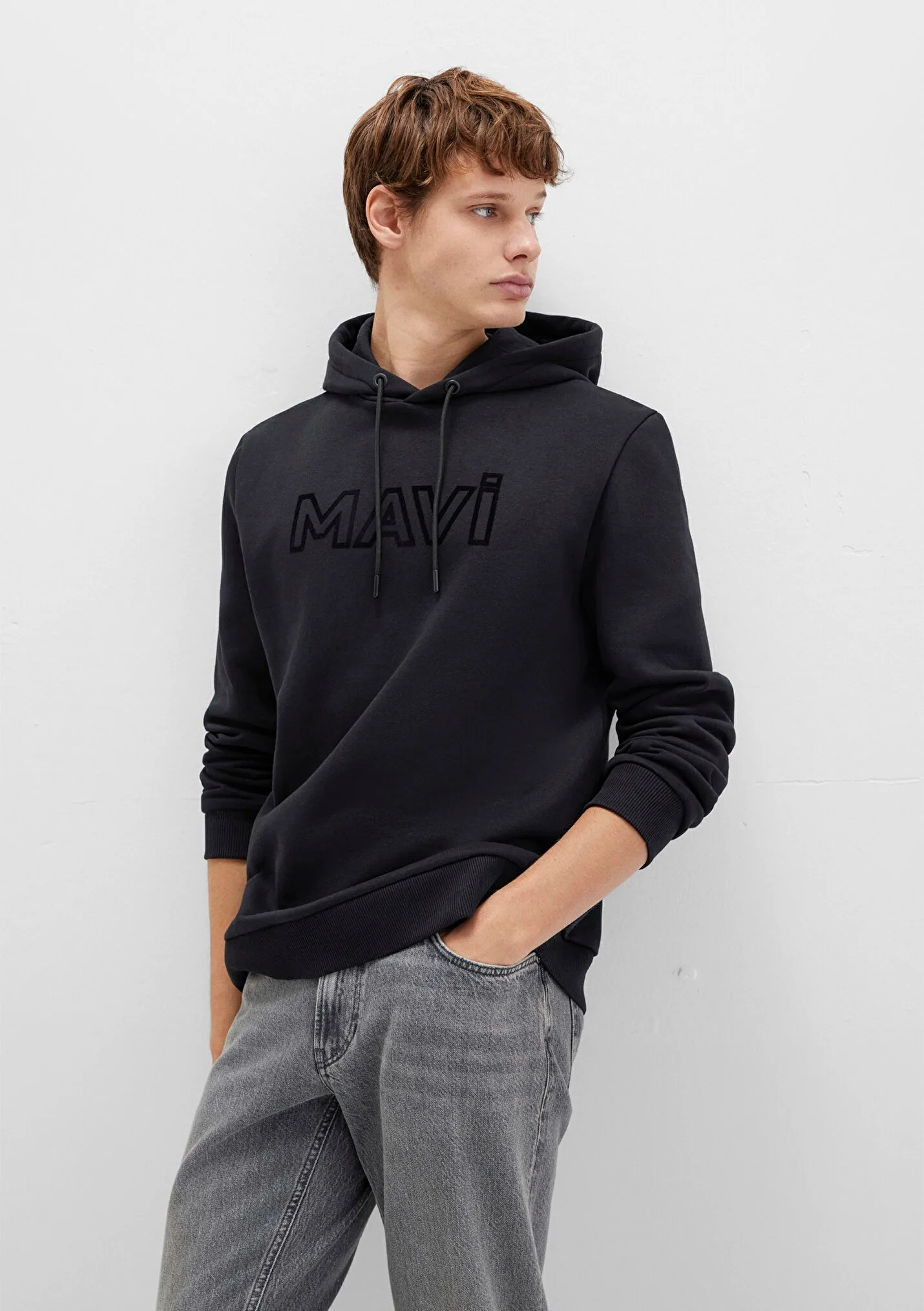 Logo Baskılı Kapüşonlu Siyah Erkek Sweatshirt