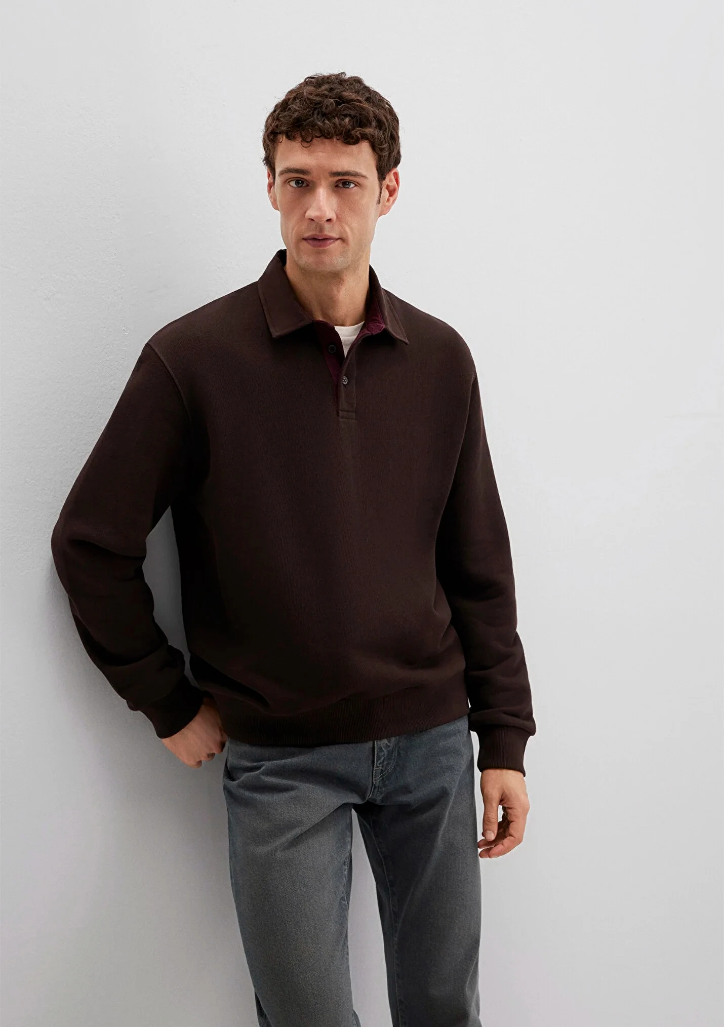 Yarım Düğmeli Kahverengi Erkek Sweatshirt