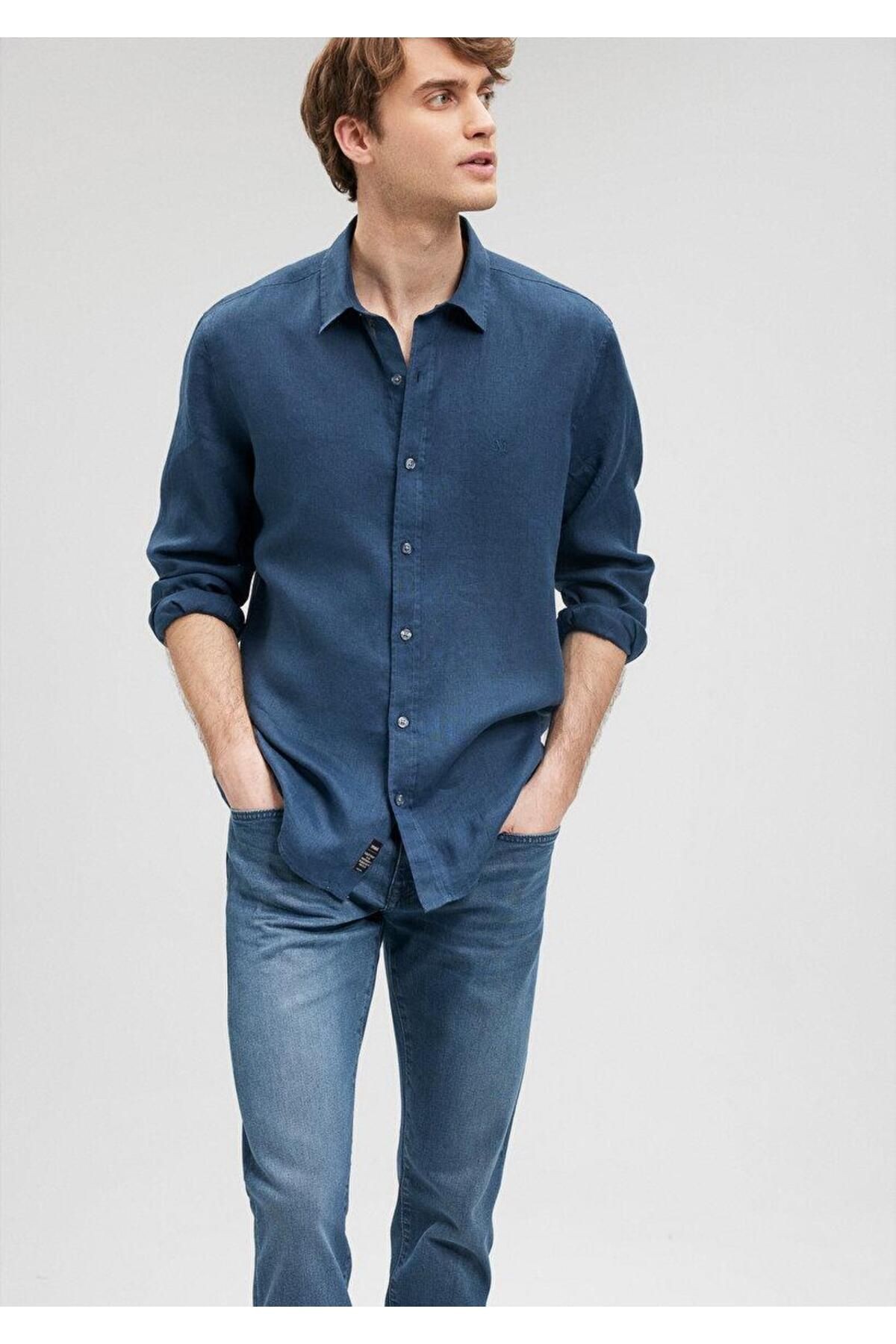 Mavi Lacivert Keten Gömlek Slim Fit / Dar Kesim 021190-81802