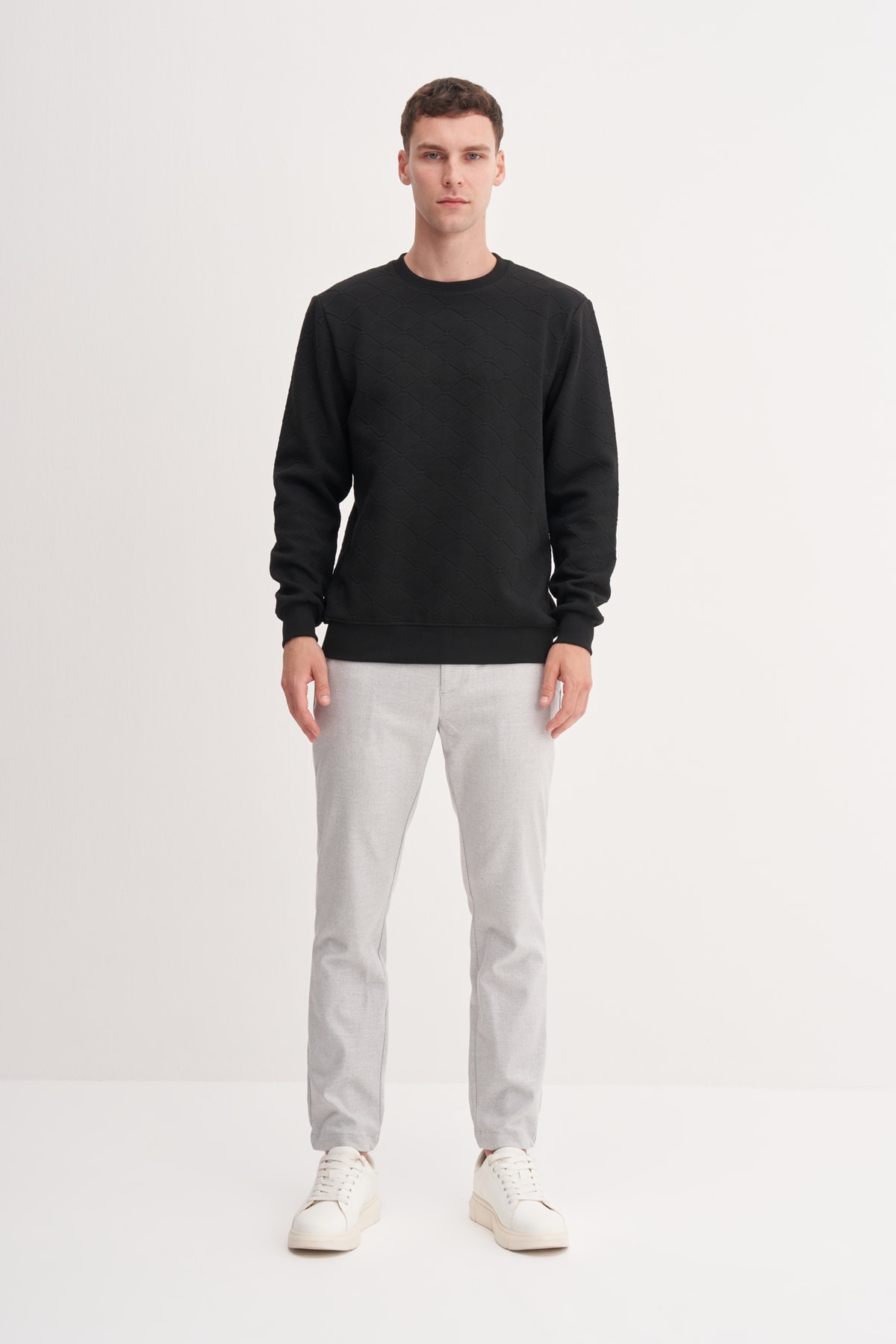 Baklava Desenli Kapitone Jakar Erkek Siyah Sweatshirt CAZ 53410