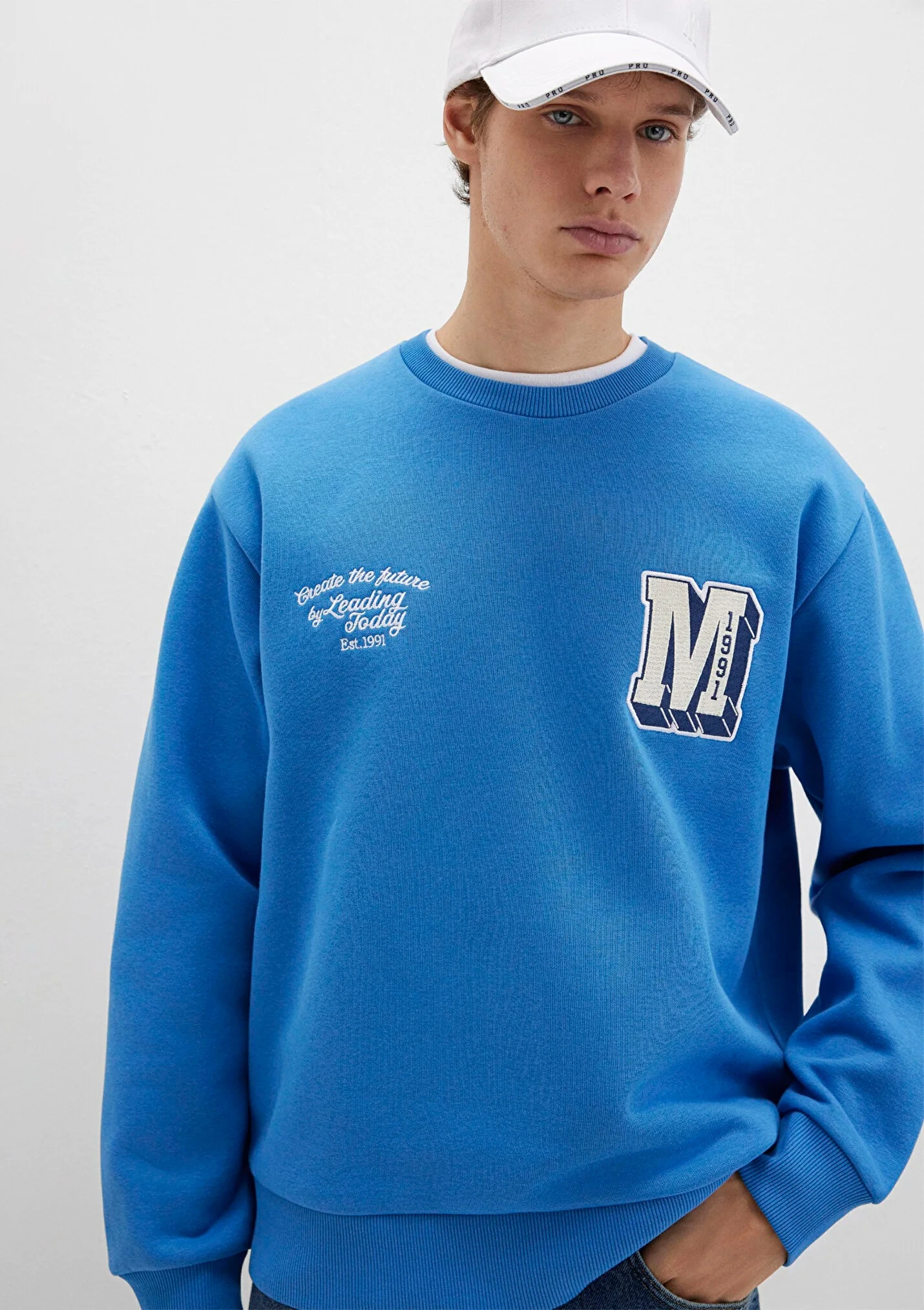 Erkek M Logo Nakış Detaylı Mavi Sweatshirt