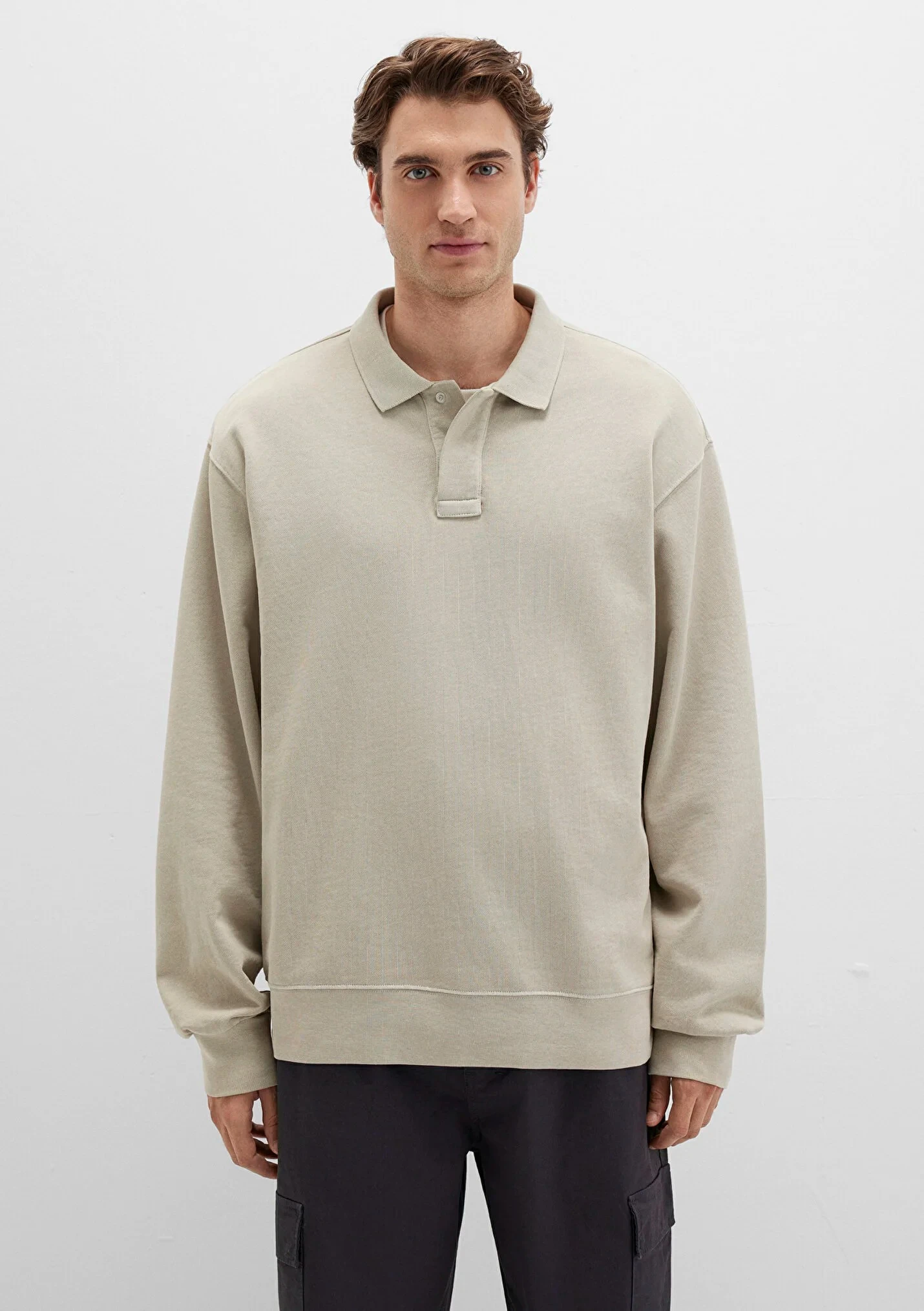 Bej Polo Yaka Erkek Sweatshirt