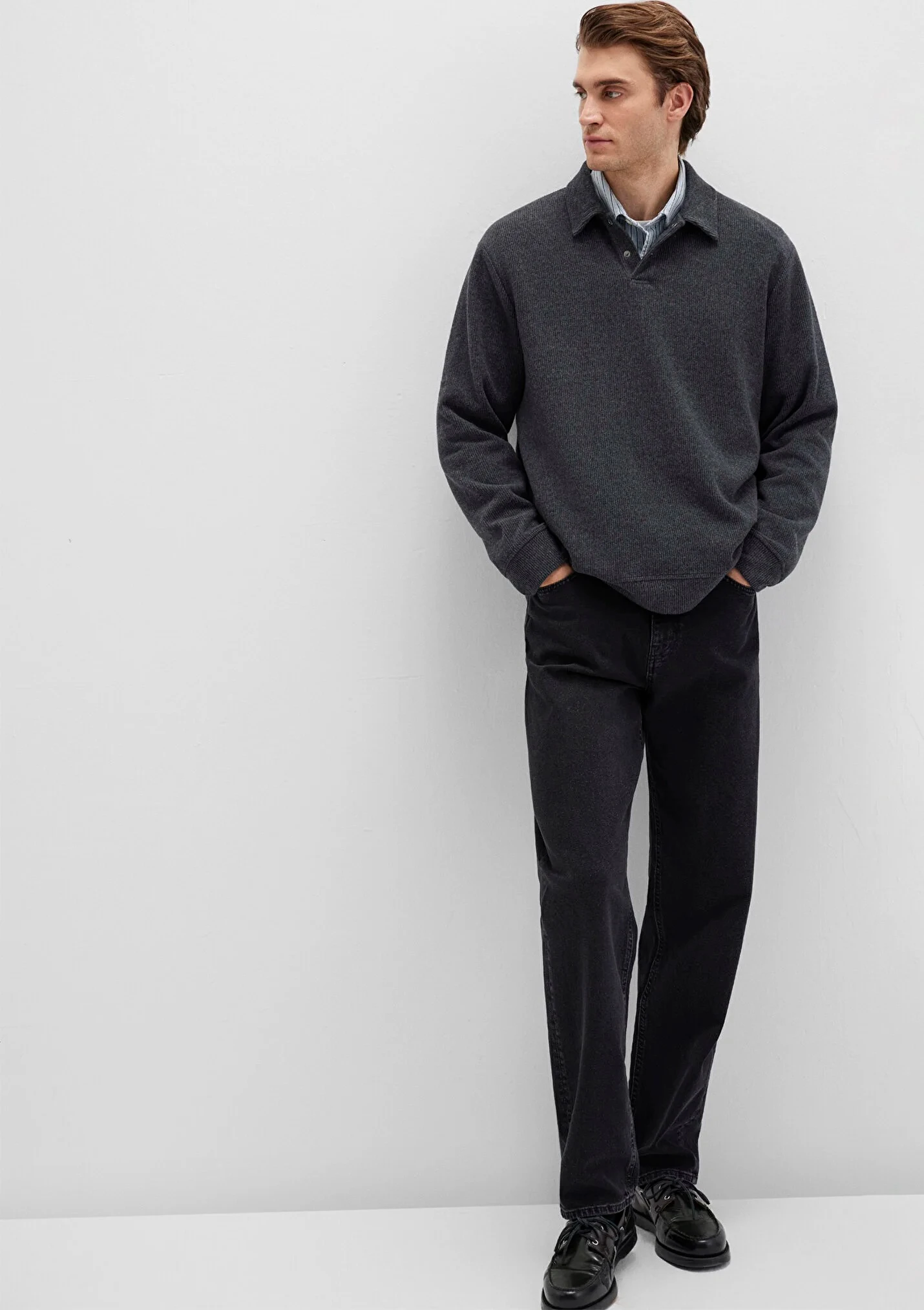 Erkek Antrasit Yarım Düğmeli Polo Yaka Sweatshirt