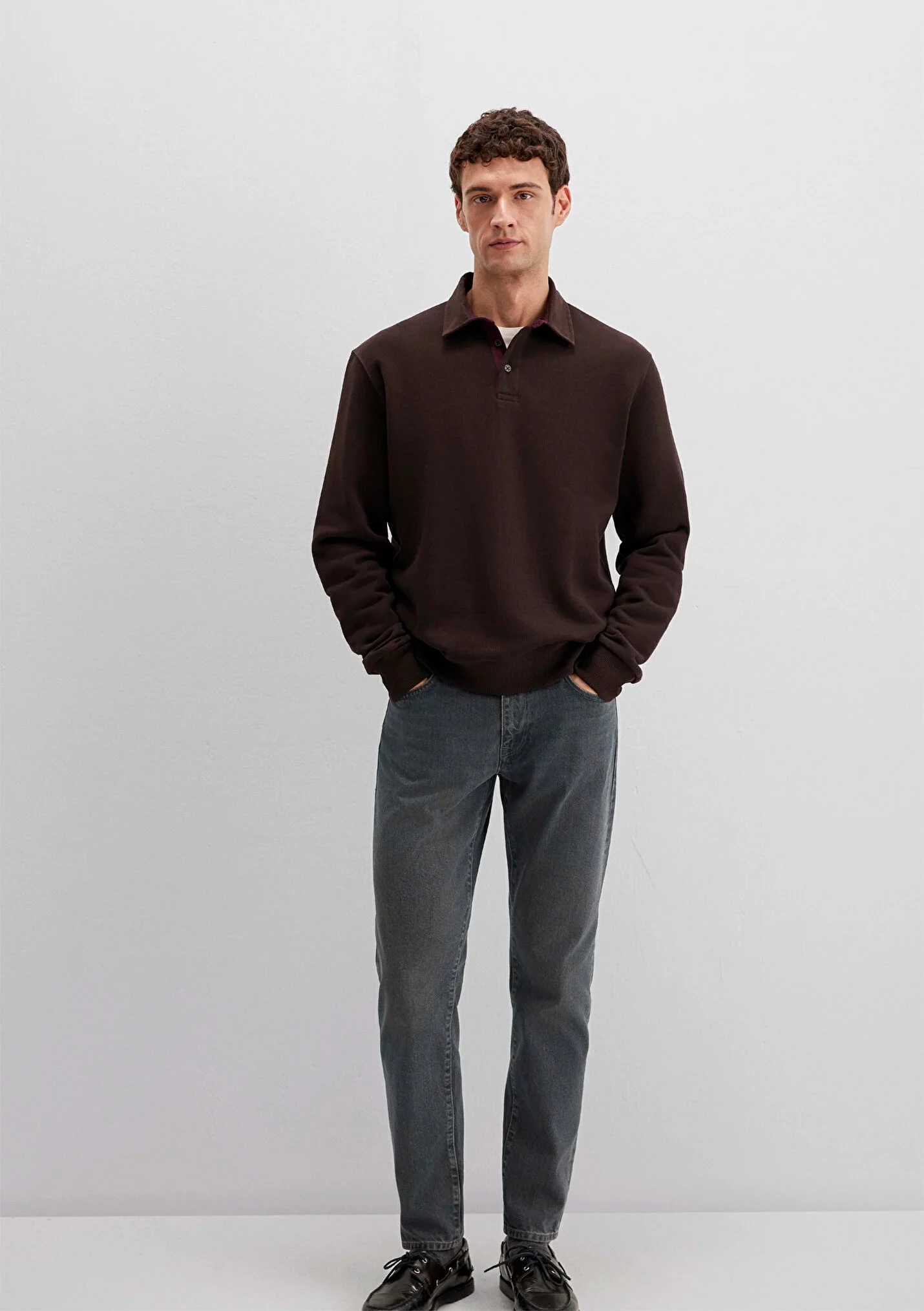 Yarım Düğmeli Kahverengi Erkek Sweatshirt