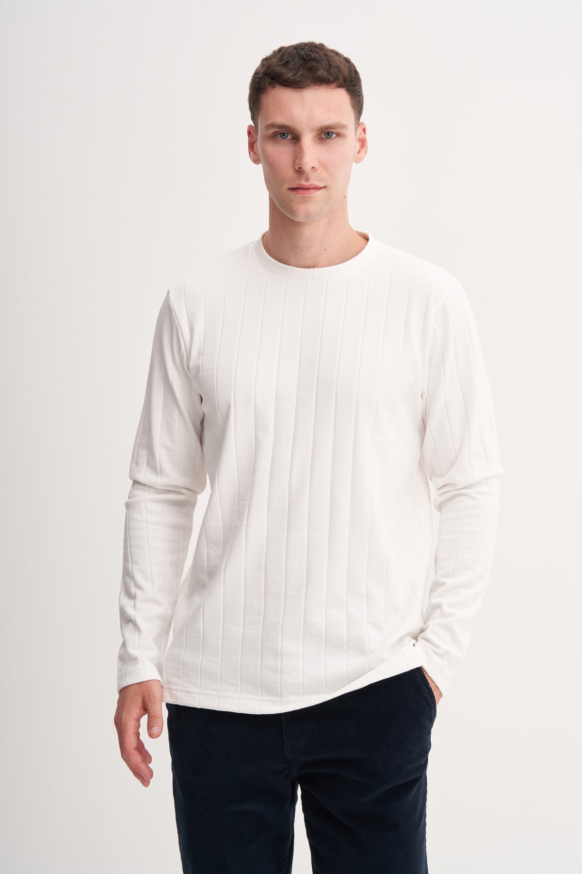 Bisiklet Yaka Jakarlı Interlok Erkek Ekru Sweatshirt CAZ 53950