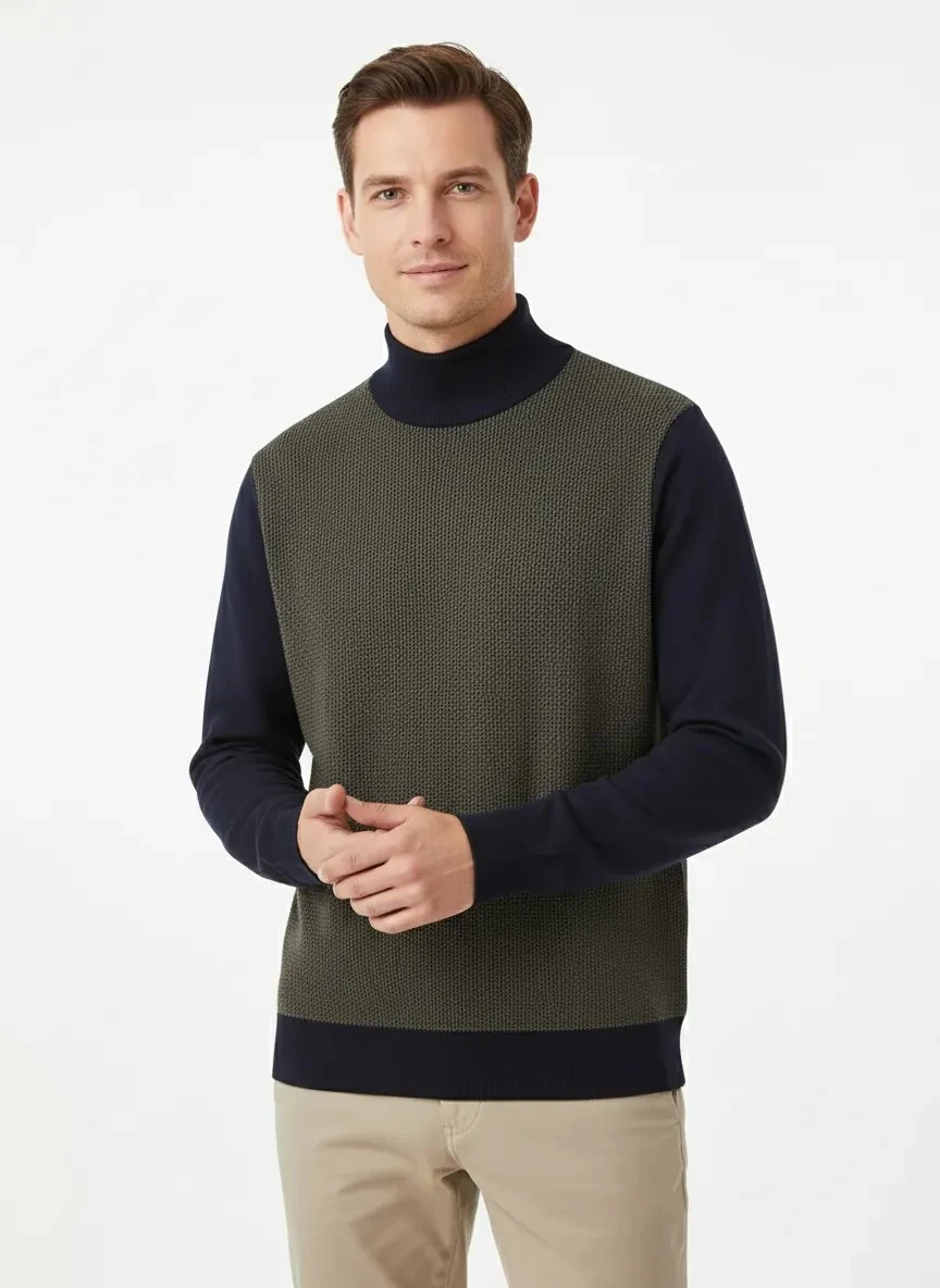 Erkek Lacivert Yarım Balıkçı Desenli Kazak