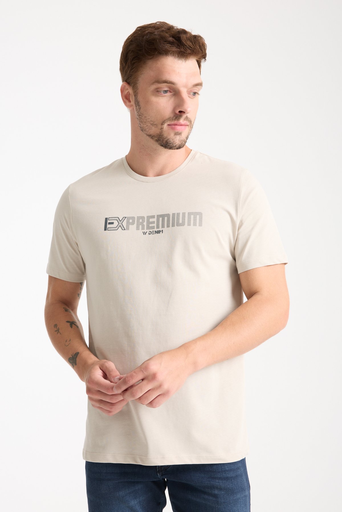 Erkek %100 Pamuk Rahat Kesim Baskılı T-shirt - taş