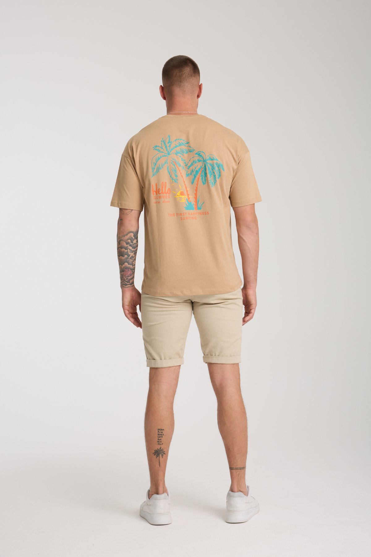 Erkek Camel Oversize Sırt Baskılı %100 Pamuk T-shirt - camel