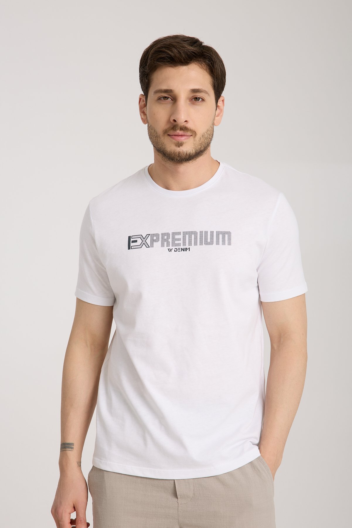 Erkek %100 Pamuk Rahat Kesim Baskılı T-shirt - beyaz