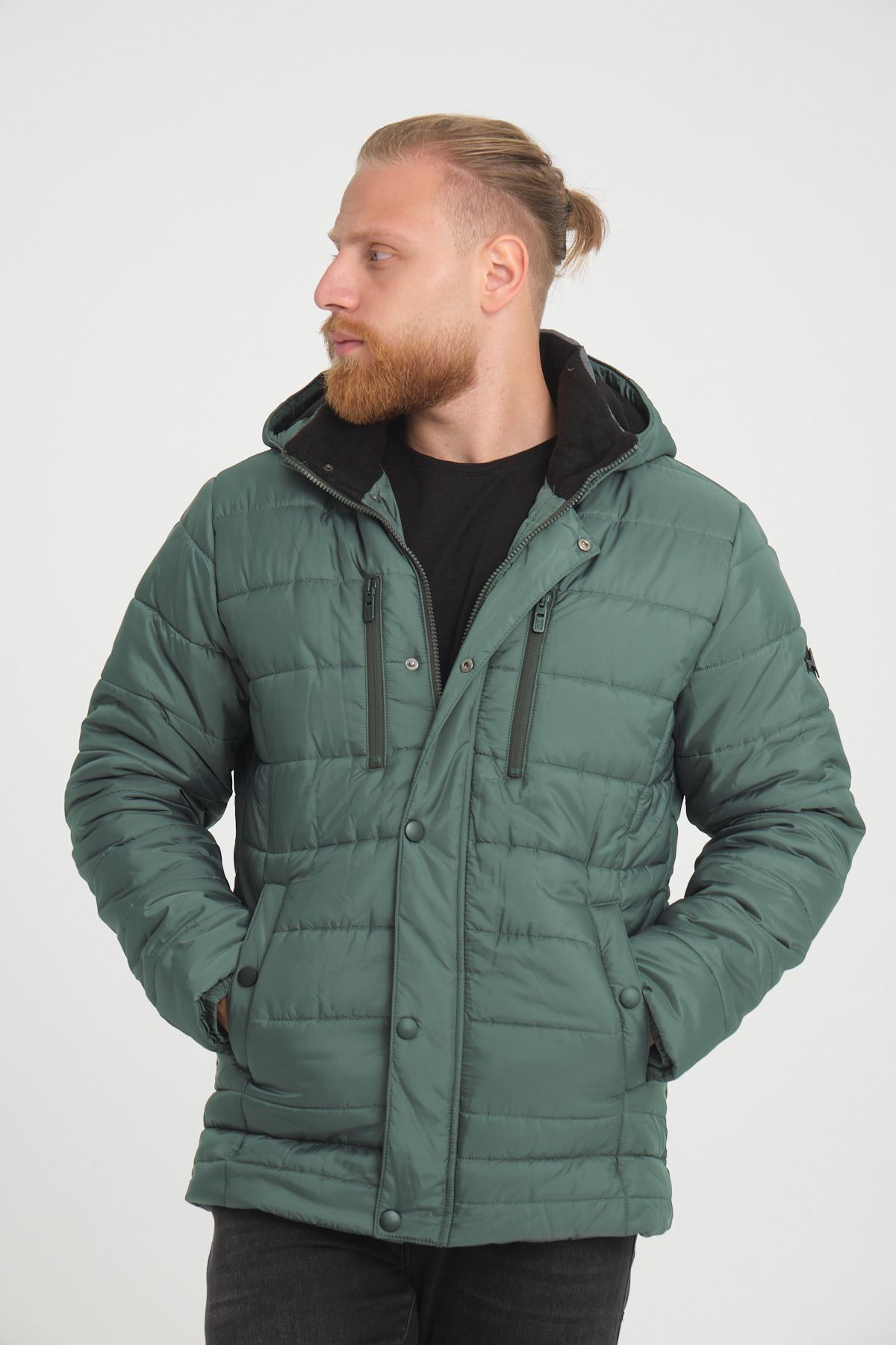 Erkek Kapüşonlu İçi Polarlı %100 Polyester Şişme Mont - yeşil