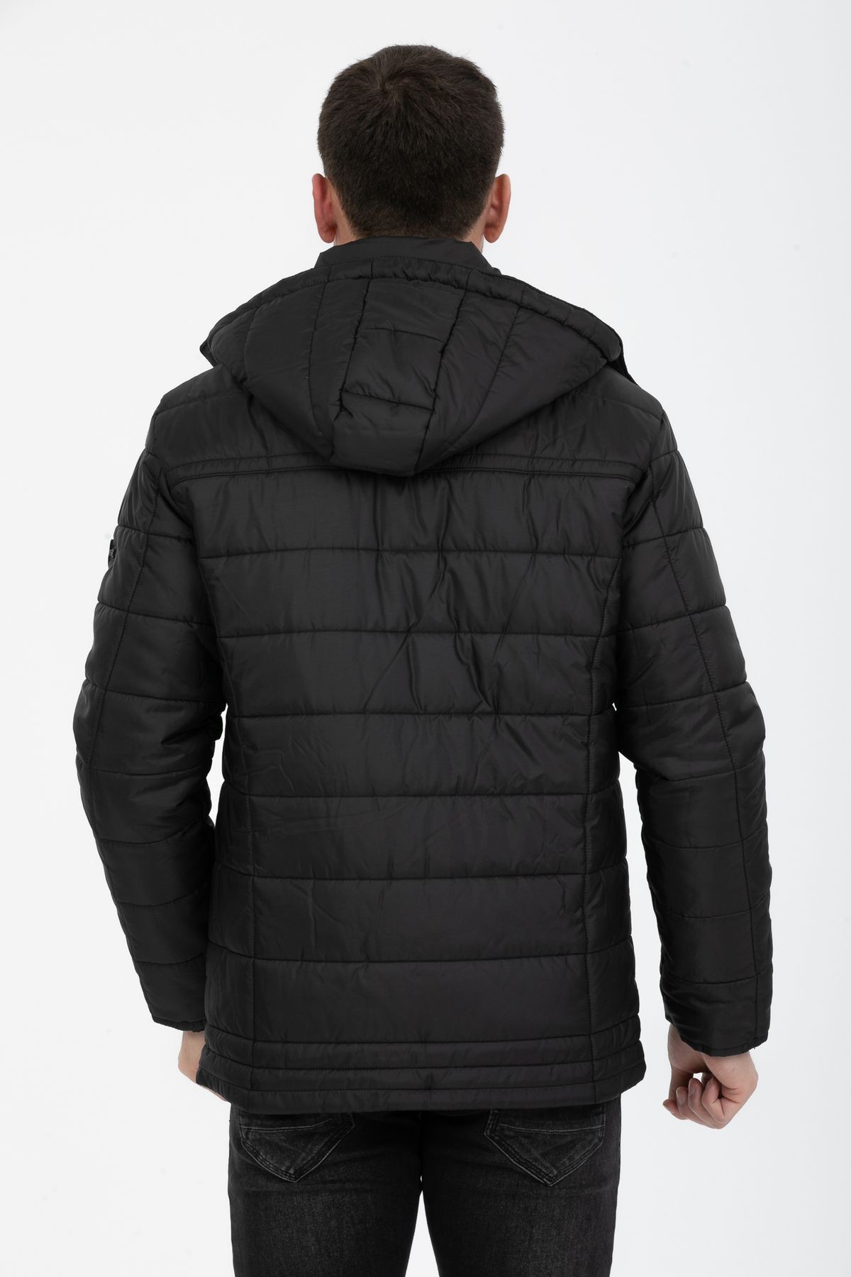 Erkek Kapüşonlu İçi Polarlı %100 Polyester Şişme Mont - Siyah