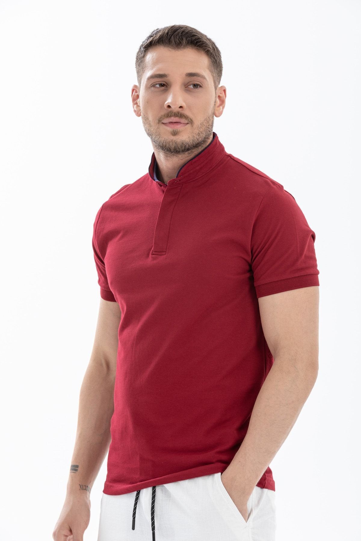 Erkek Hakim Yaka Gizli Düğmeli Polo T-shirt - bordo