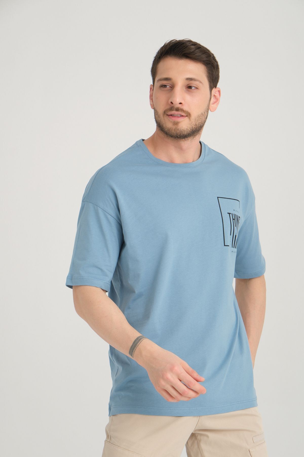 Erkek Oversize %100 Pamuk Baskılı T-shirt - mavi