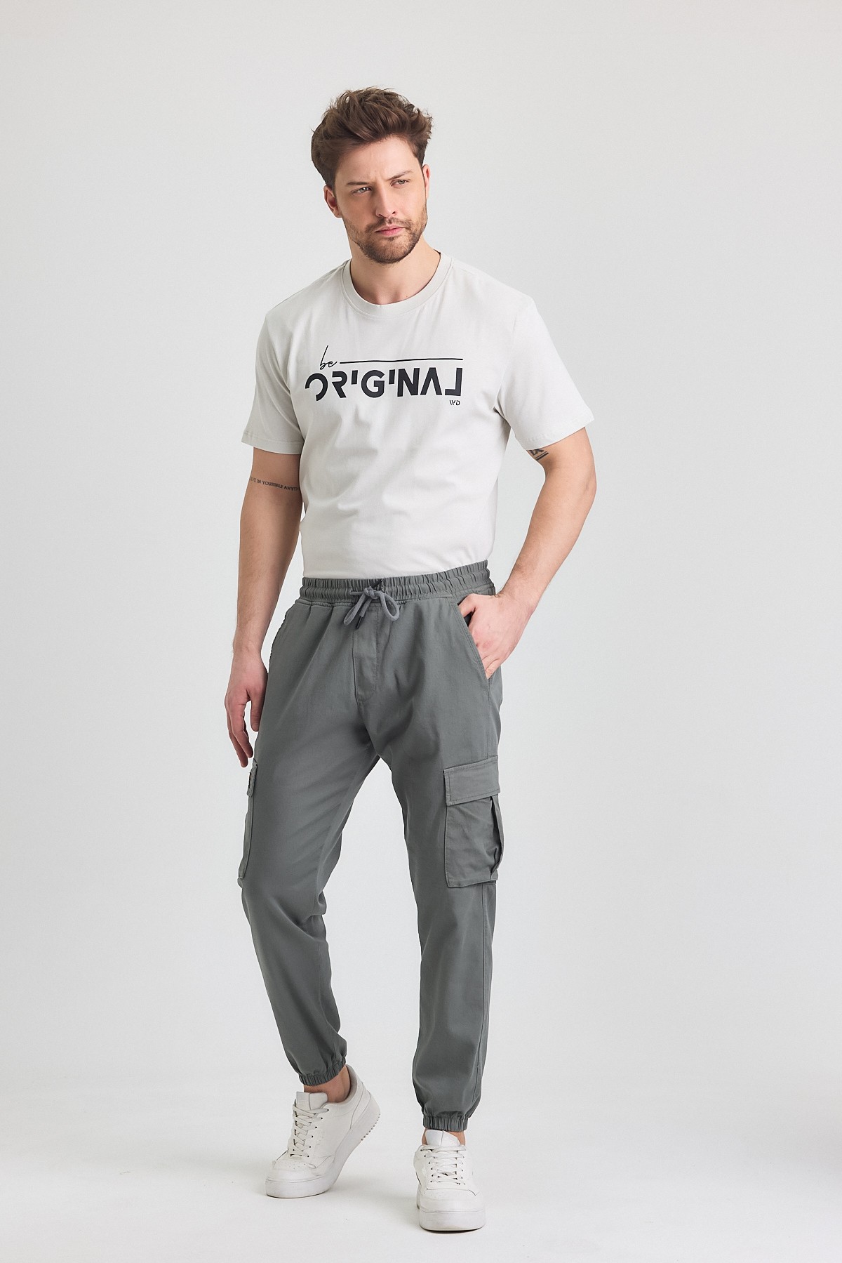Erkek Rahat Kesim Kargo Cepli Beli Lastikli Jogger Pantolon - duman