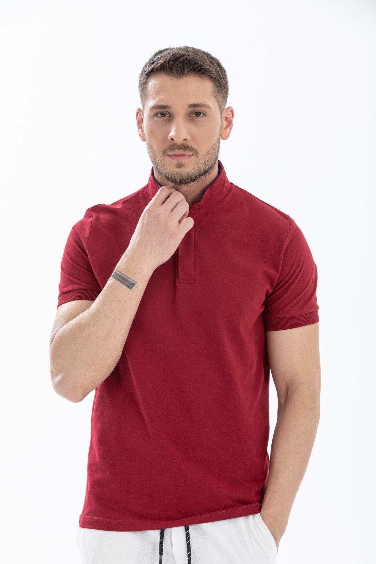 Erkek Hakim Yaka Gizli Düğmeli Polo T-shirt - bordo