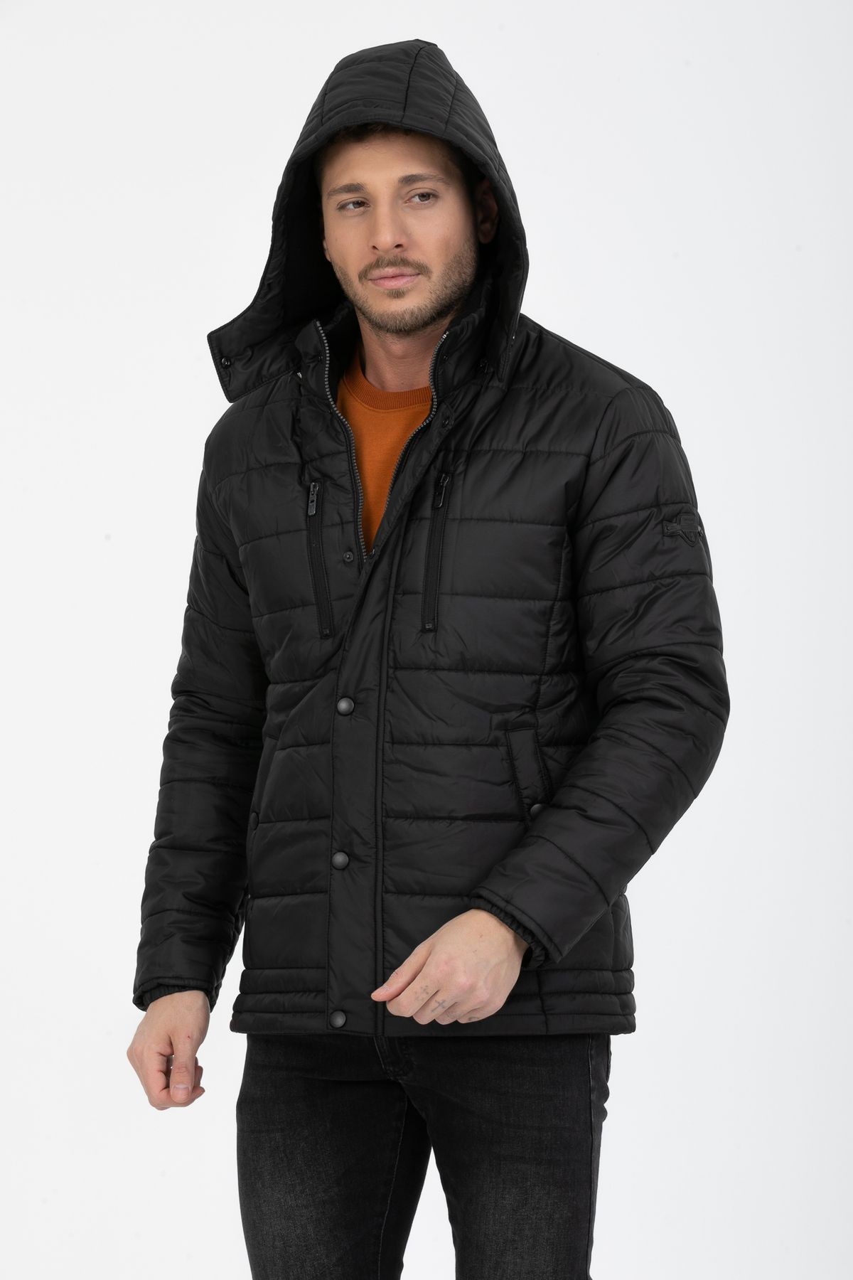 Erkek Kapüşonlu İçi Polarlı %100 Polyester Şişme Mont - Siyah