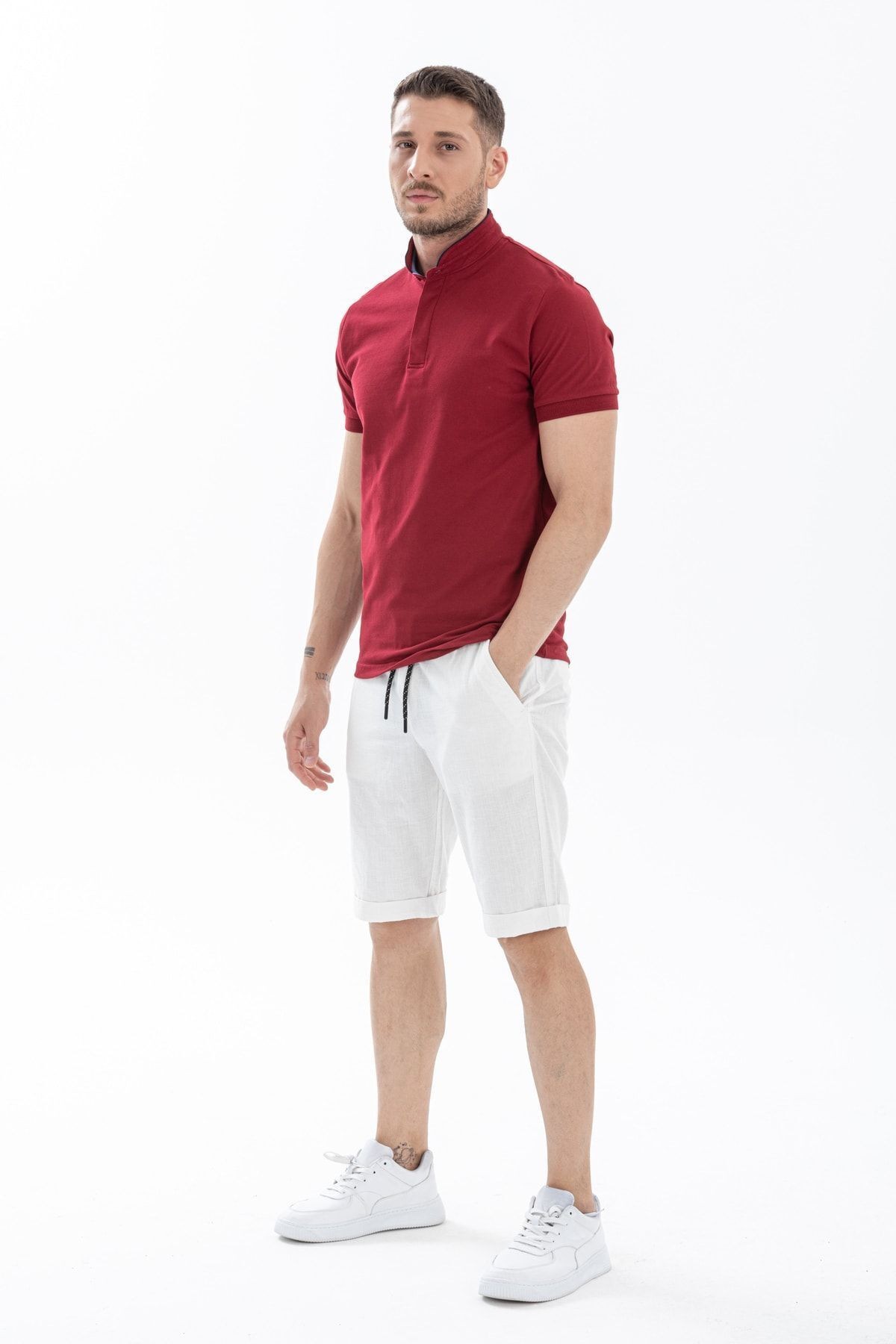 Erkek Hakim Yaka Gizli Düğmeli Polo T-shirt - bordo