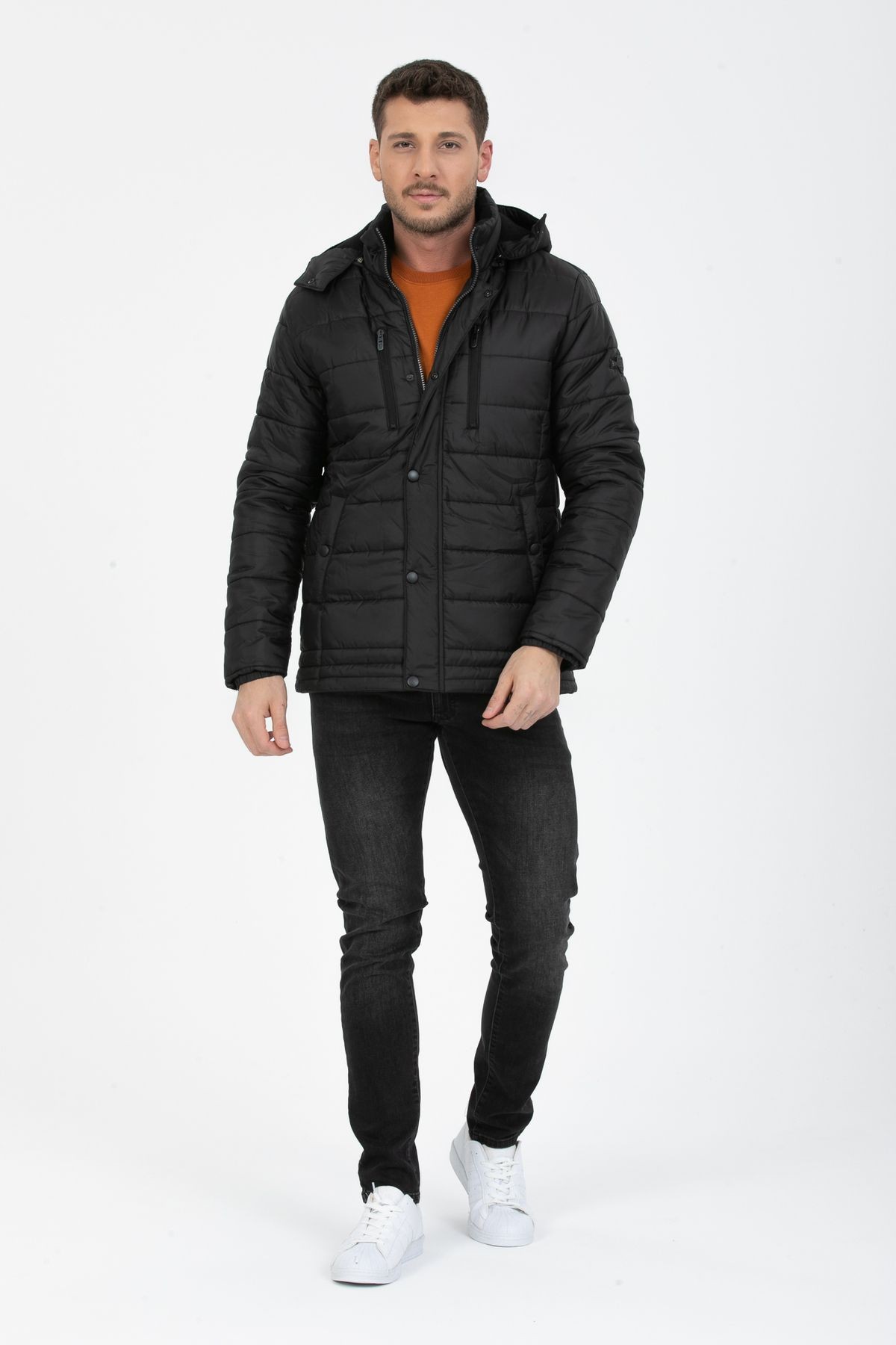 Erkek Kapüşonlu İçi Polarlı %100 Polyester Şişme Mont - Siyah