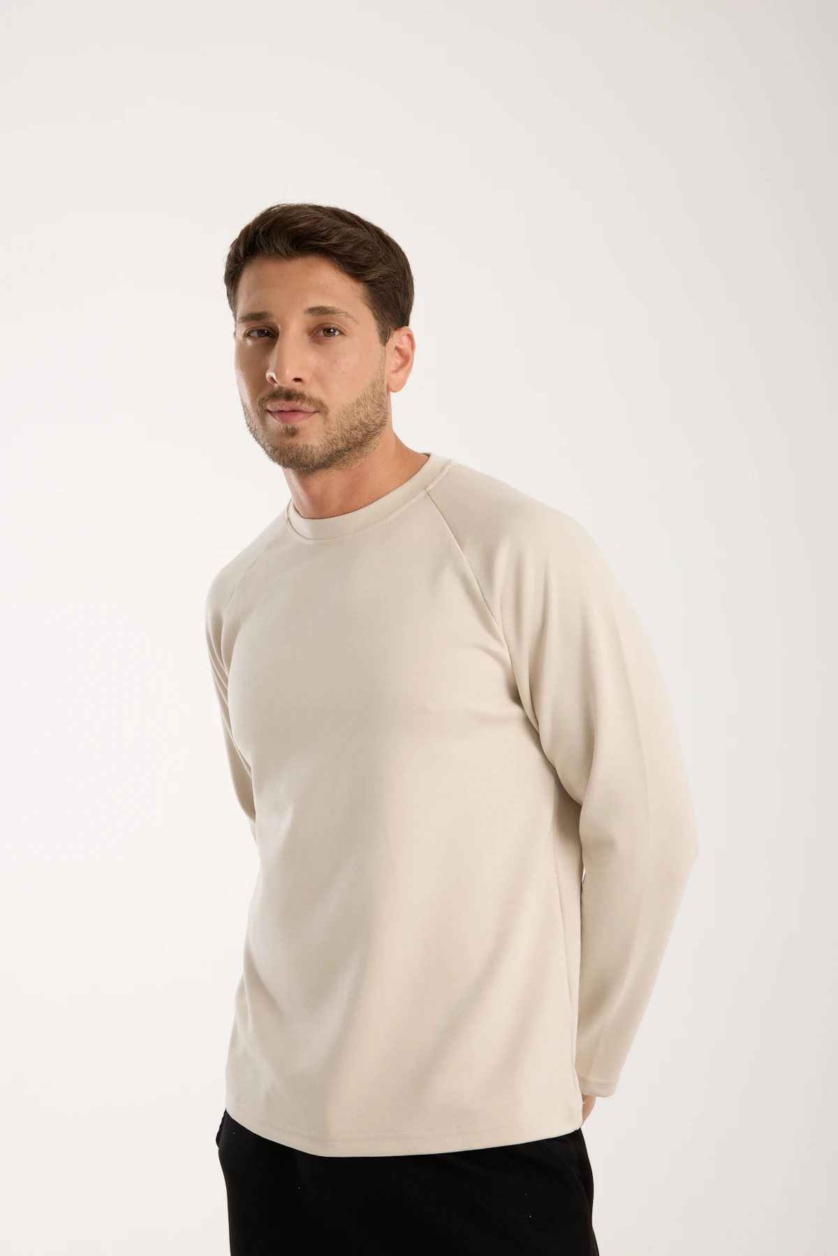 Erkek Bisiklet Yaka Konforlu Sweatshirt - taş