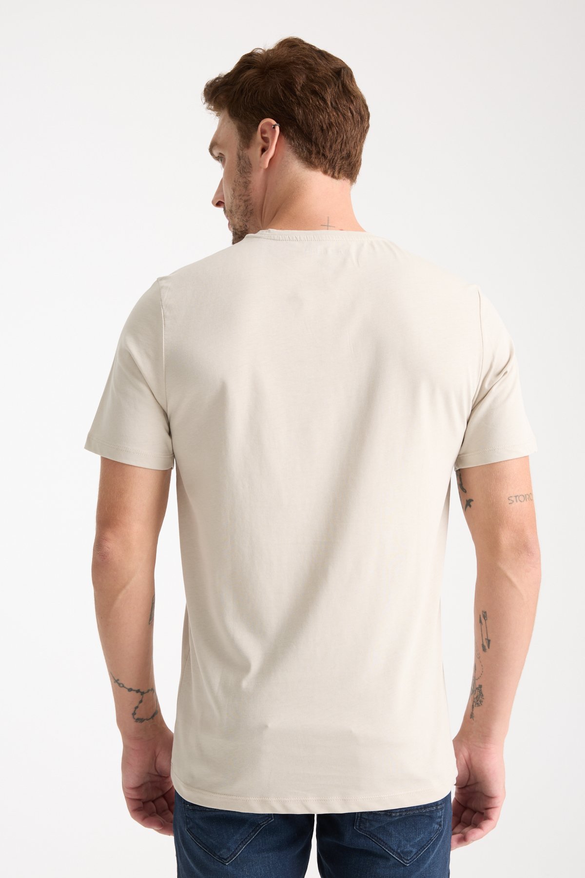 Erkek %100 Pamuk Rahat Kesim Baskılı T-shirt - taş