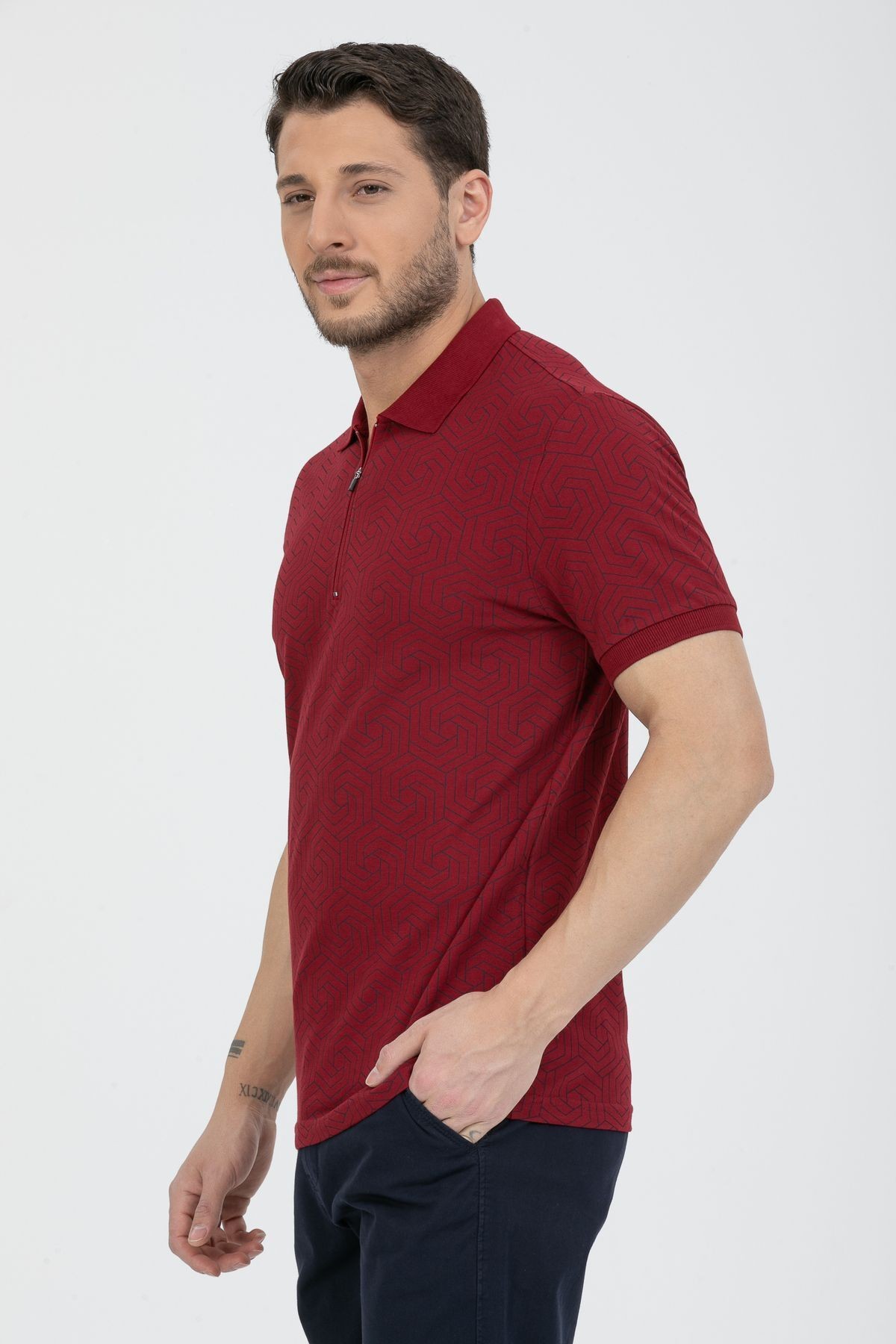 Erkek Baskılı Fermuarlı %100 Pamuk Polo Yaka T-shirt - bordo