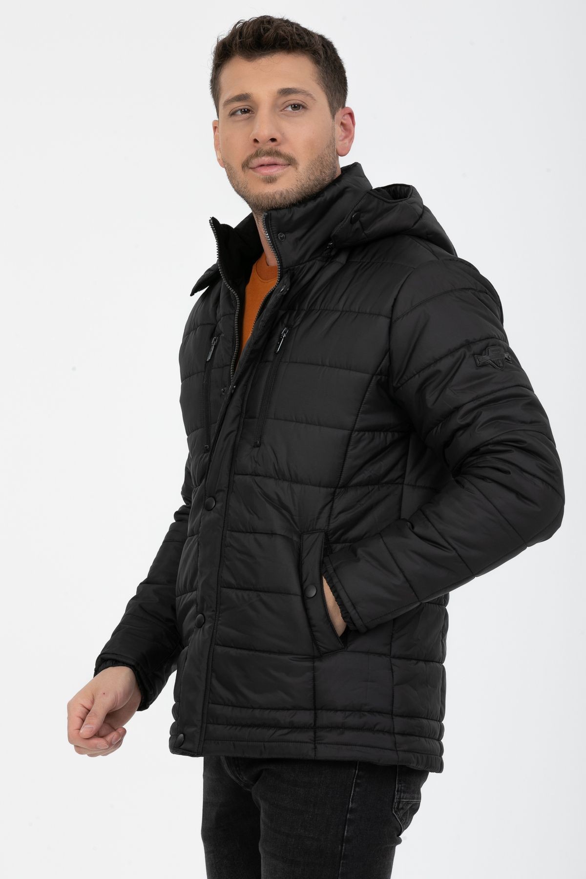 Erkek Kapüşonlu İçi Polarlı %100 Polyester Şişme Mont - Siyah