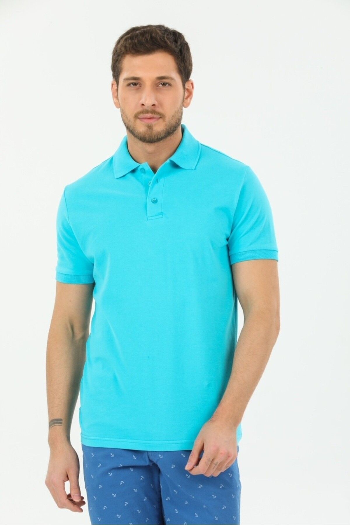 Erkek Polo Yaka Regular Fit  %100 Pamuk Pike Kumaş Polo Yaka T-shirt - mavi