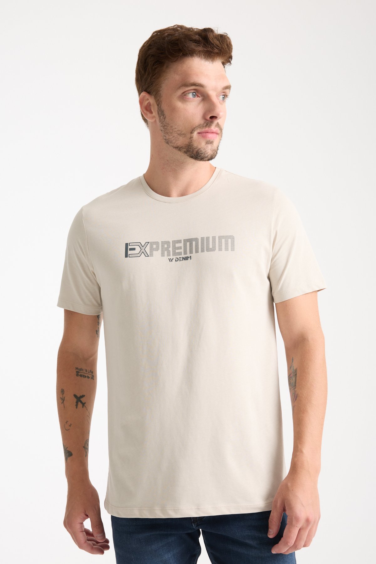 Erkek %100 Pamuk Rahat Kesim Baskılı T-shirt - taş