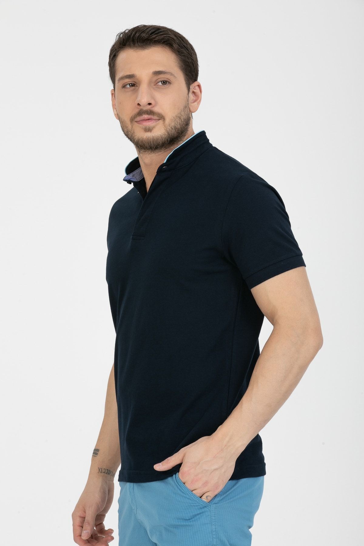 Erkek Hakim Yaka Gizli Düğmeli Polo T-shirt - lacivert