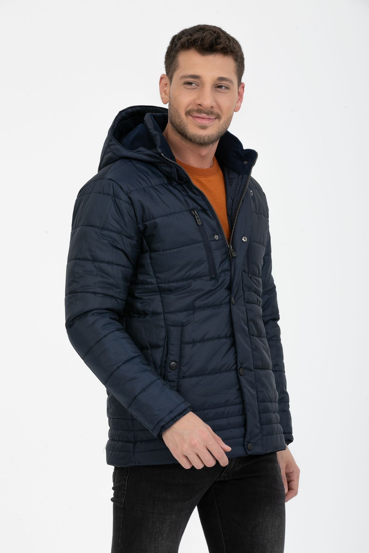 Erkek Kapüşonlu İçi Polarlı %100 Polyester Şişme Mont - lacivert