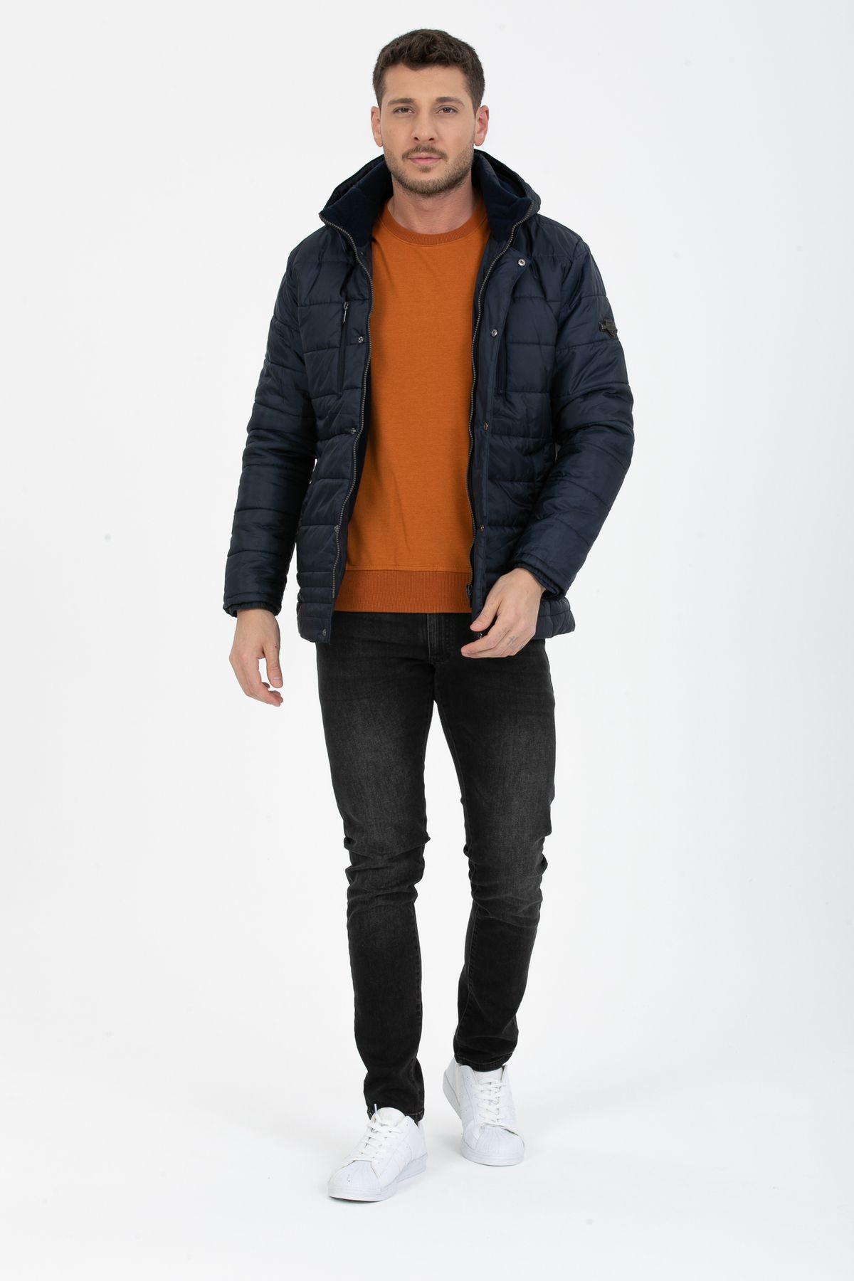 Erkek Kapüşonlu İçi Polarlı %100 Polyester Şişme Mont - lacivert