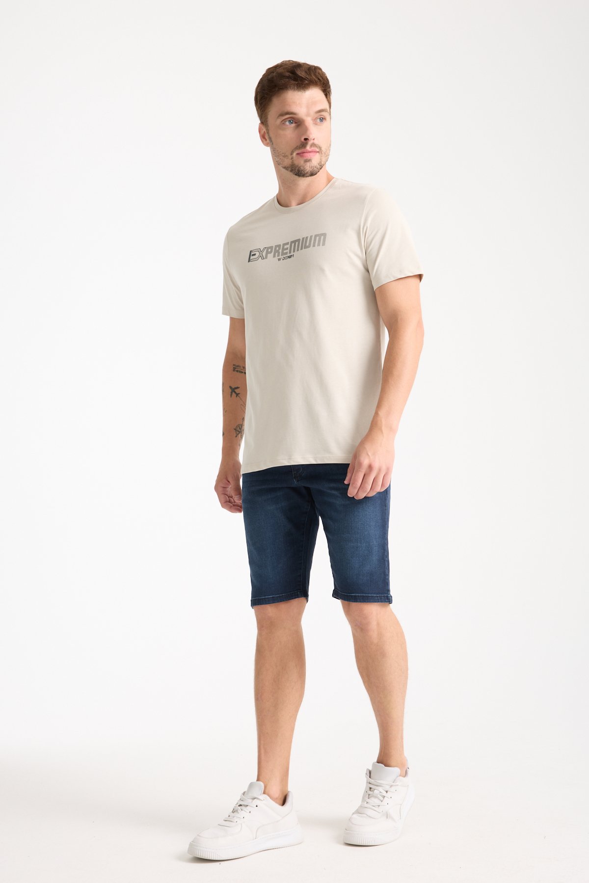 Erkek %100 Pamuk Rahat Kesim Baskılı T-shirt - taş
