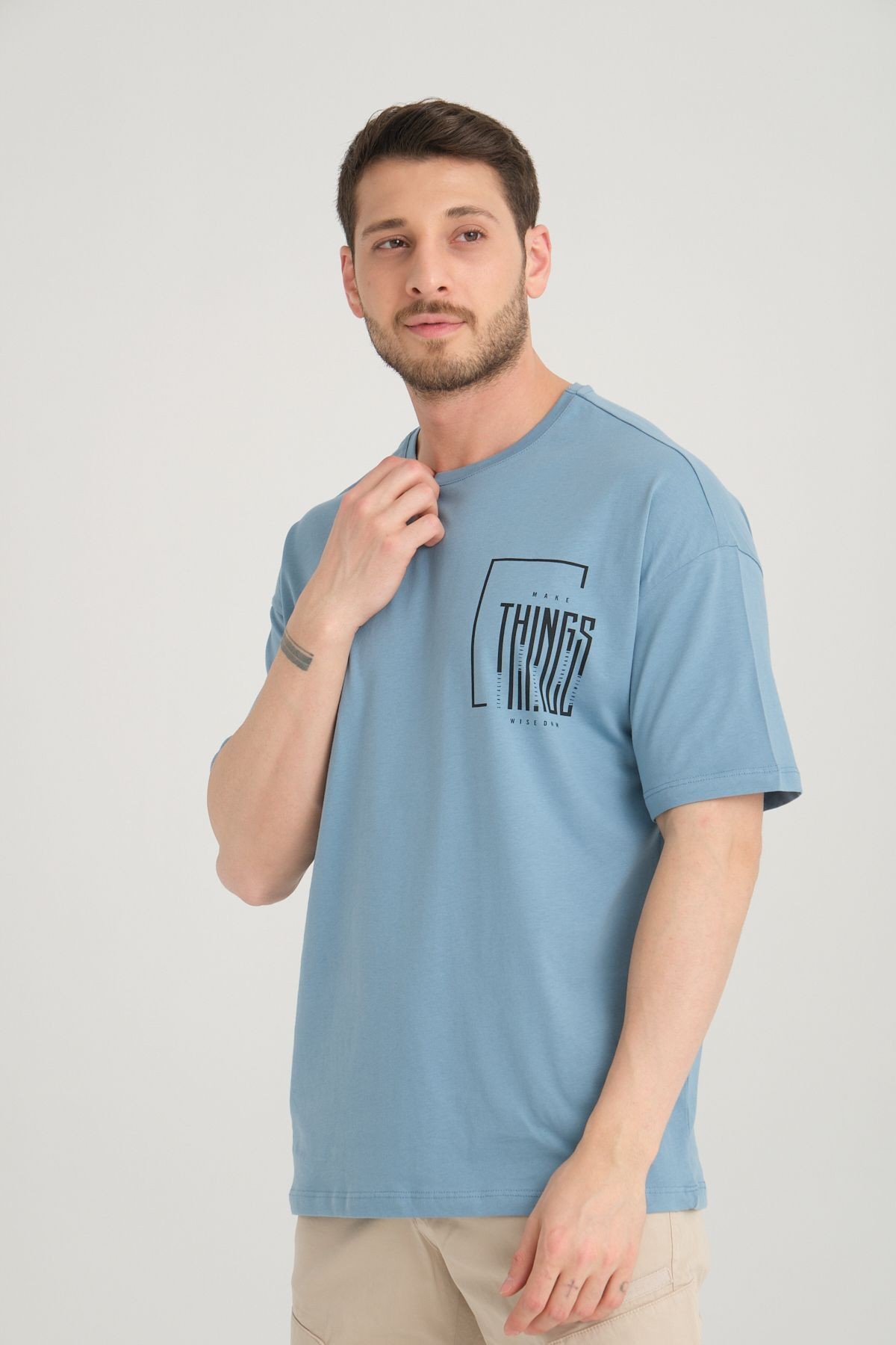 Erkek Oversize %100 Pamuk Baskılı T-shirt - mavi