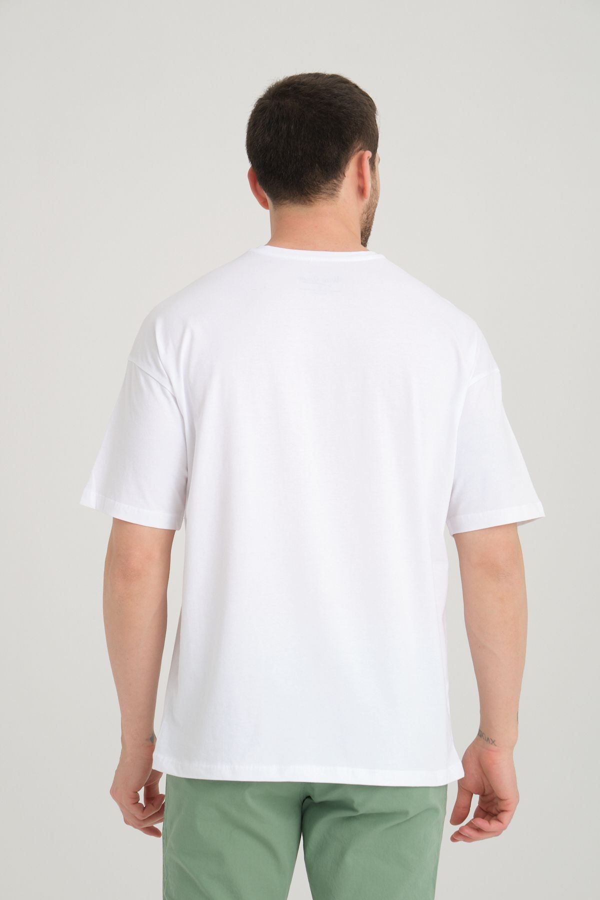 Erkek Oversize %100 Pamuk Baskılı T-shirt - beyaz