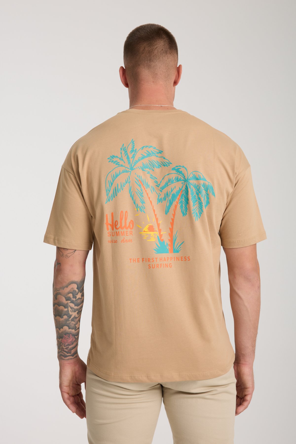 Erkek Camel Oversize Sırt Baskılı %100 Pamuk T-shirt - camel