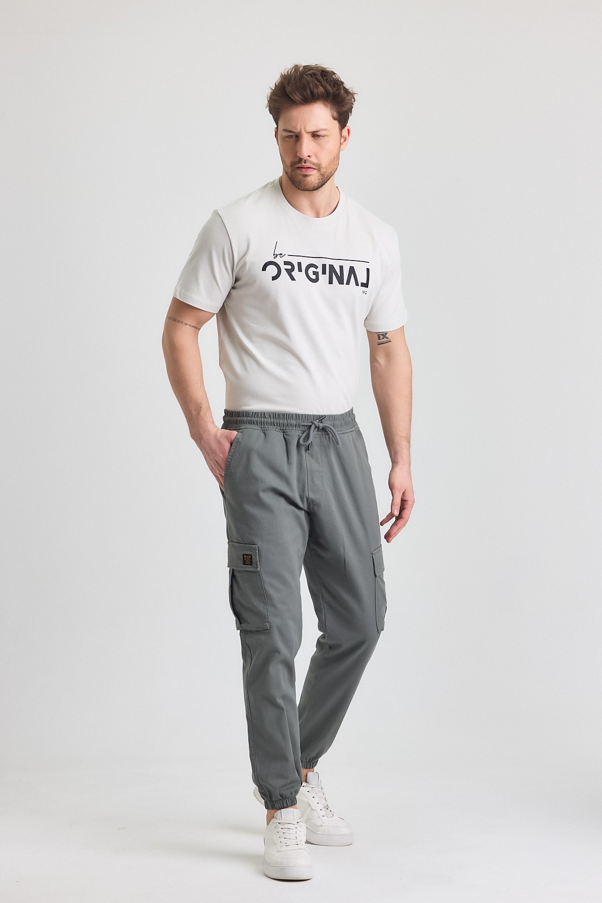 Erkek Rahat Kesim Kargo Cepli Beli Lastikli Jogger Pantolon - duman