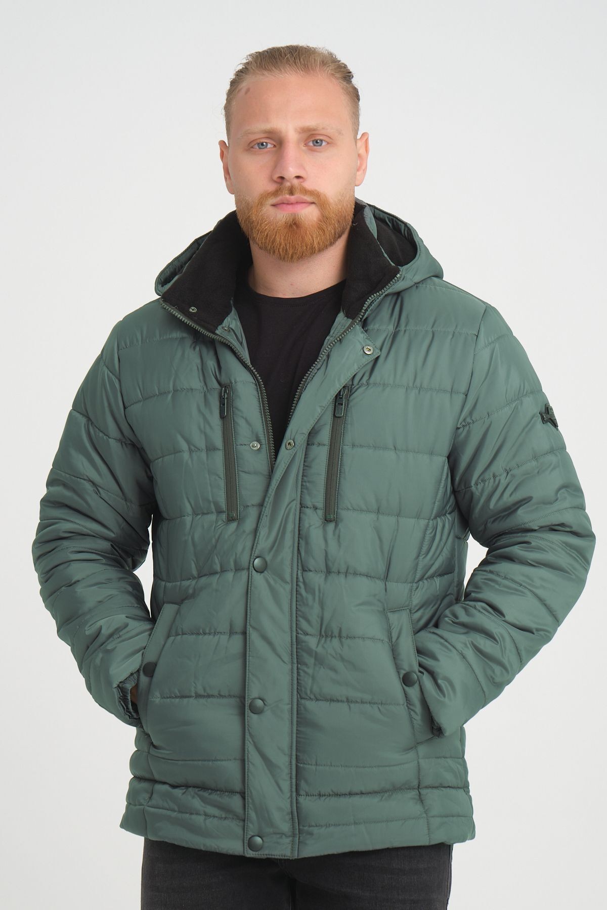 Erkek Kapüşonlu İçi Polarlı %100 Polyester Şişme Mont - yeşil