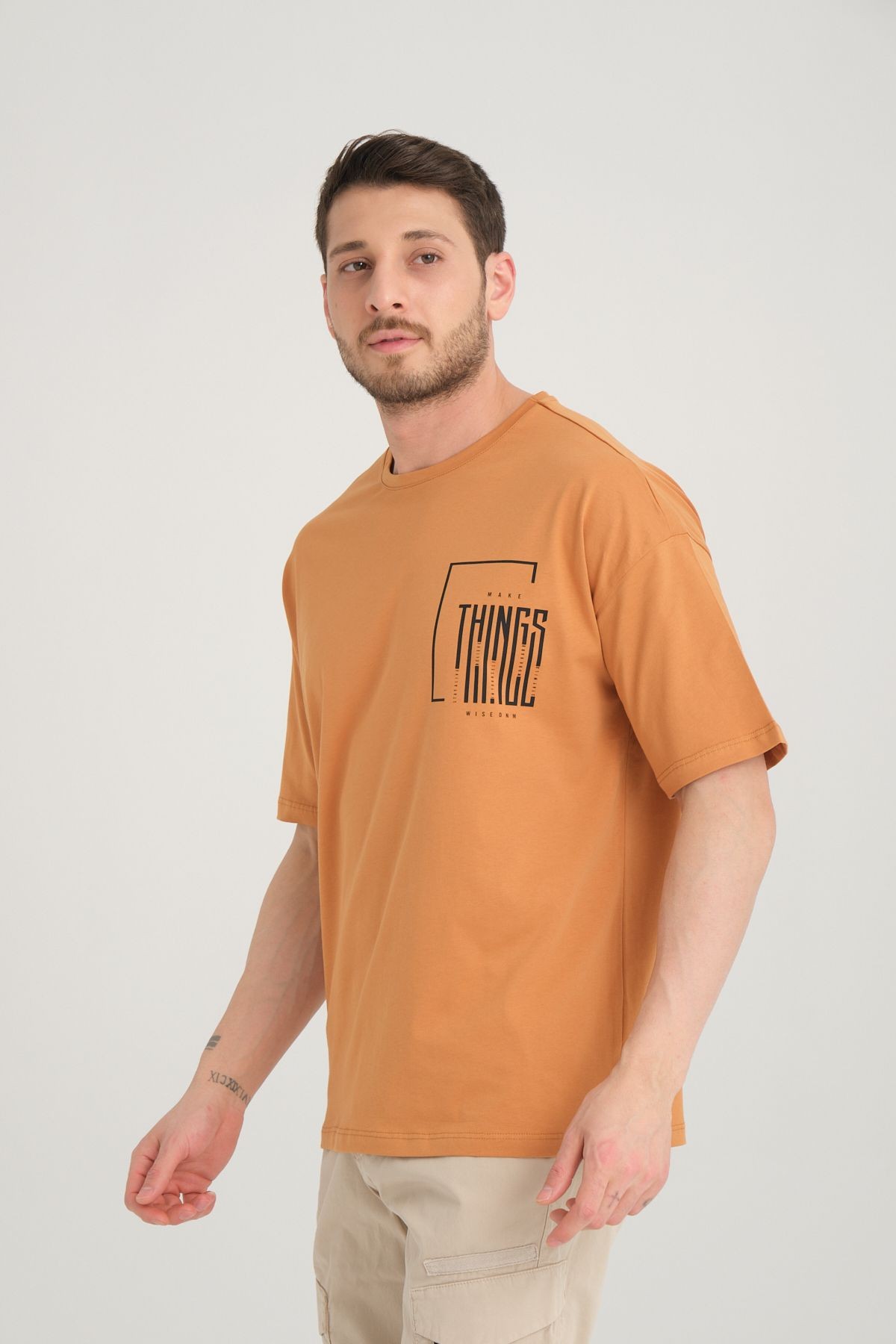 Erkek Oversize %100 Pamuk Baskılı T-shirt - bakır